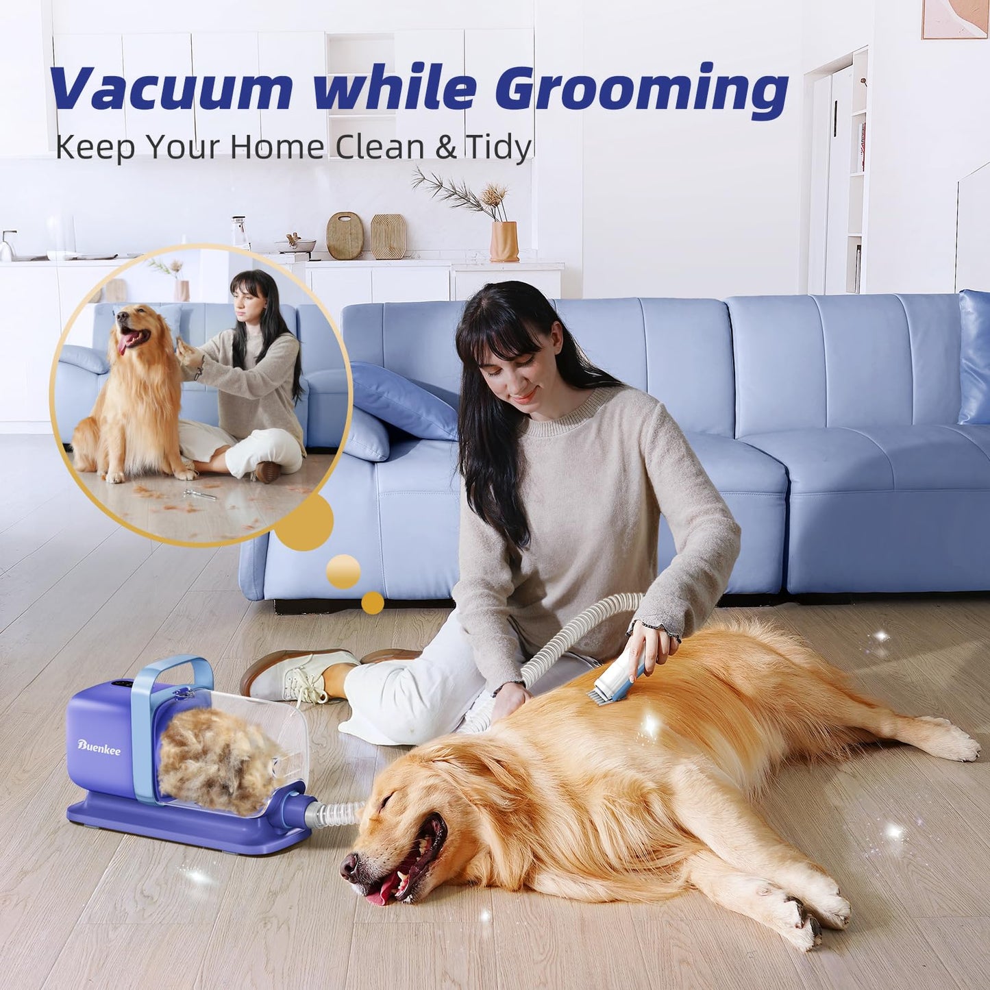 buenkee Dog Grooming Kit with Pet Grooming Vacuum, Clipper Blue with Handheld Dog Blow Dryer for Pet Grooming MAS521 White
