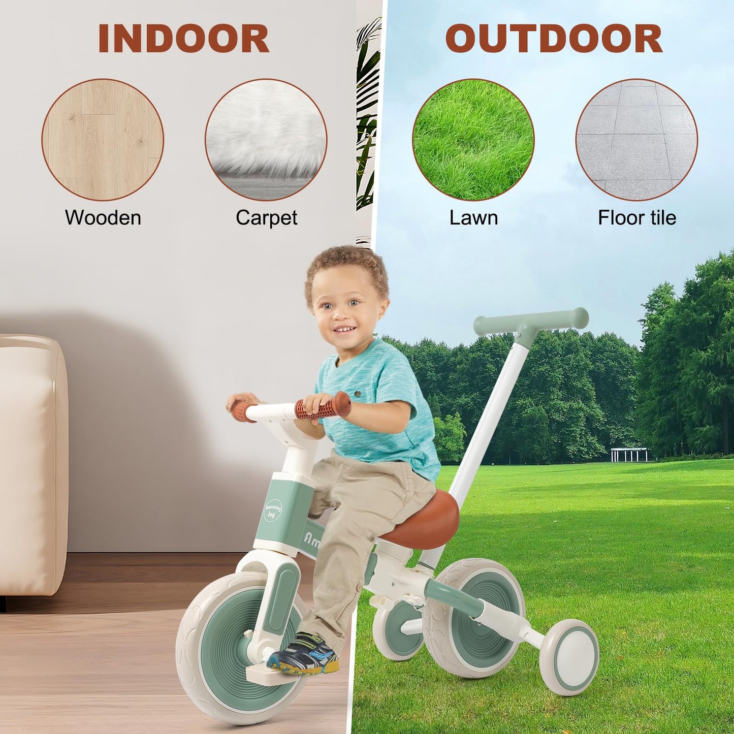 6-in-1 Toddlers Tricycle Baby Balance Bike, Kids Steering Push Handle Bicycle with Removable Pedals, Adjustable Seat,Training Wheels Toys 18 months+ Birthday Gifts for Boys Girls 2 3 4 Year Olds, Mint