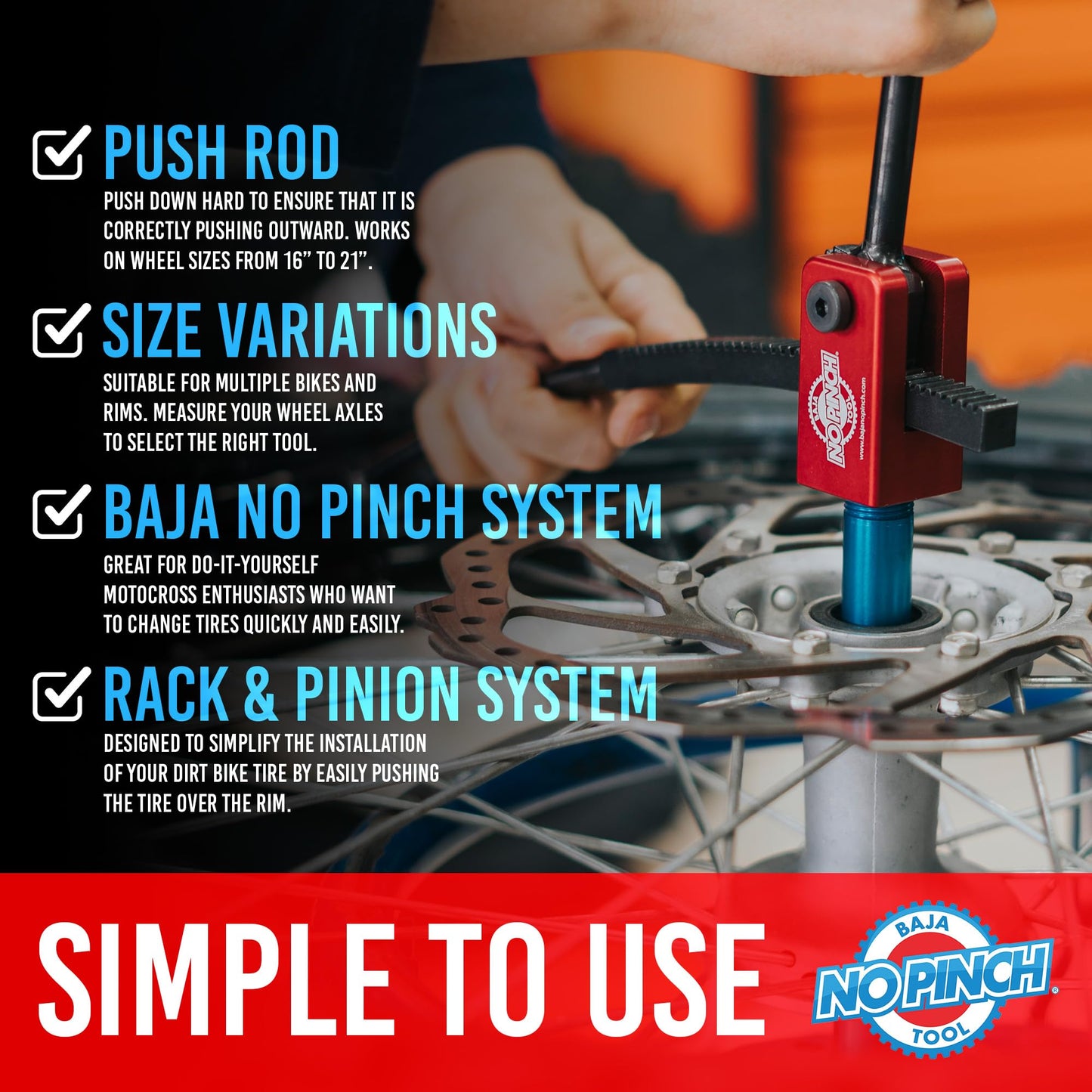 Baja No Pinch Tool Original Tire Changing Kit β Dirt Bike Tire Changing Tools for Enduro and Motocross β Compact Tool for 16" to 21" Wheels β Prevents Tube Pinching β Fits 20mm Axles