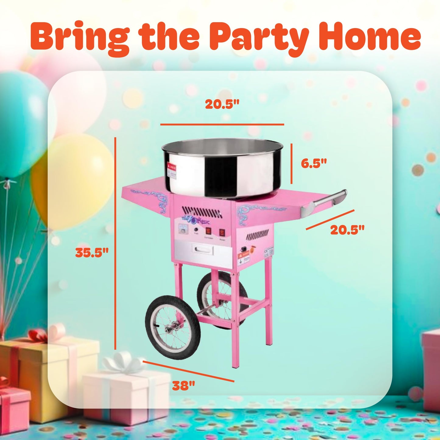 Cotton Candy Machine with Cart Vortex Candy Maker with Stainless-Steel Pan, 2 Side Trays, and 13-inch Wheels by Great Northern Popcorn (Pink)