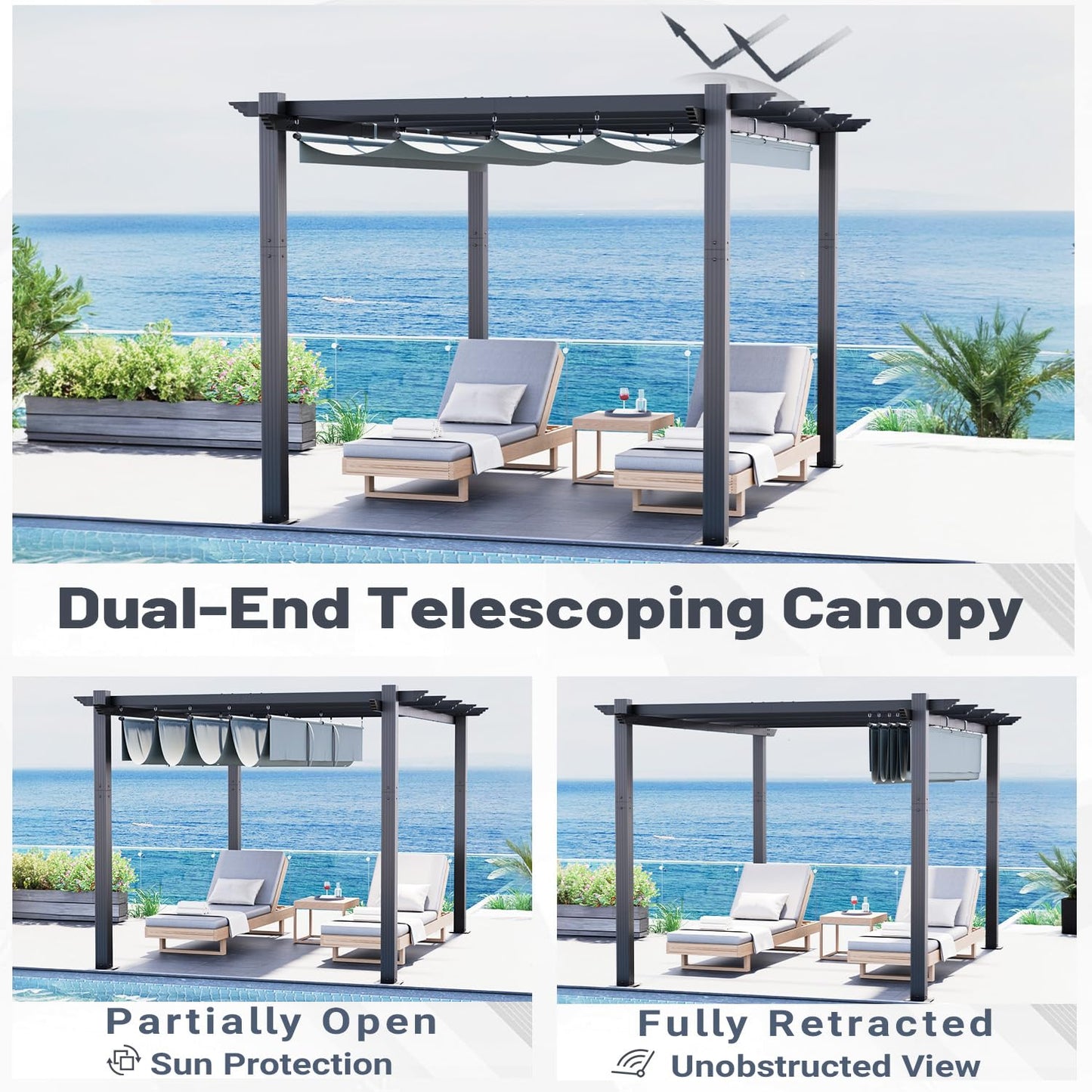 MELLCOM Retractable Pergola 10x13 Ft, Outdoor Aluminum Shelter with Dual Adjustable Sun Shade Canopy for Patio Backyard, Locking System Includes Straps & Screws (Gray)