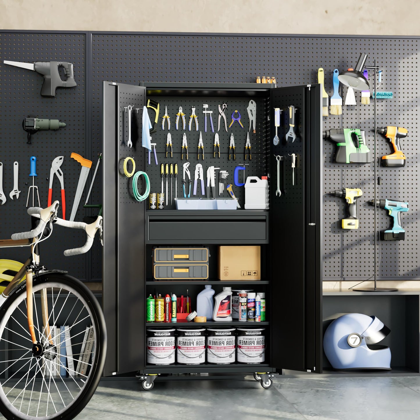 Reemoon 71" H Garage Storage Cabinet with Wheels and Doors,Metal Tool Storage Cabinet with Pegboard and Drawer for Garage Warehouse Home,Required Assembly,Black