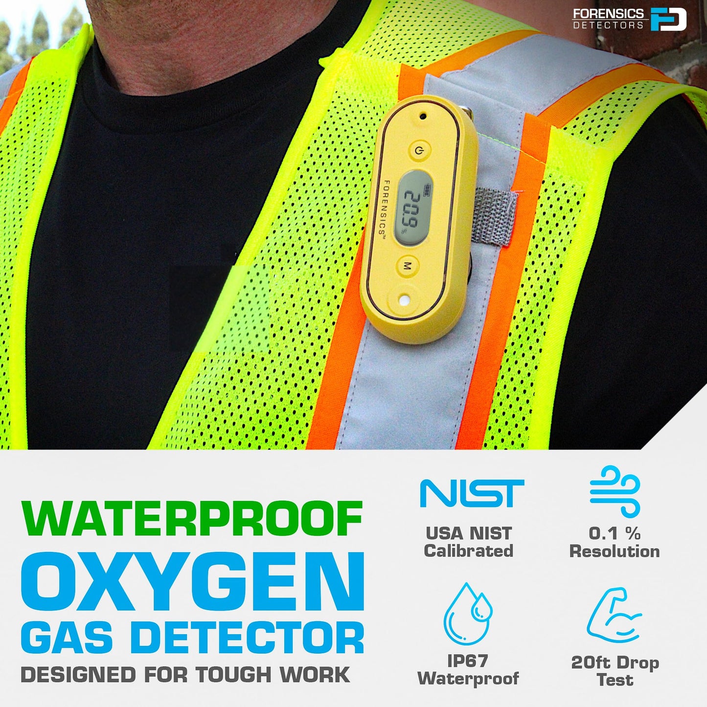 Oxygen Detector by Forensics | 2 Year Battery Life | 3 Year Sensor | USA NIST Calibration | Drop-Proof & Water-Proof | Rubber Soft-Touch | 0-30% O2 |