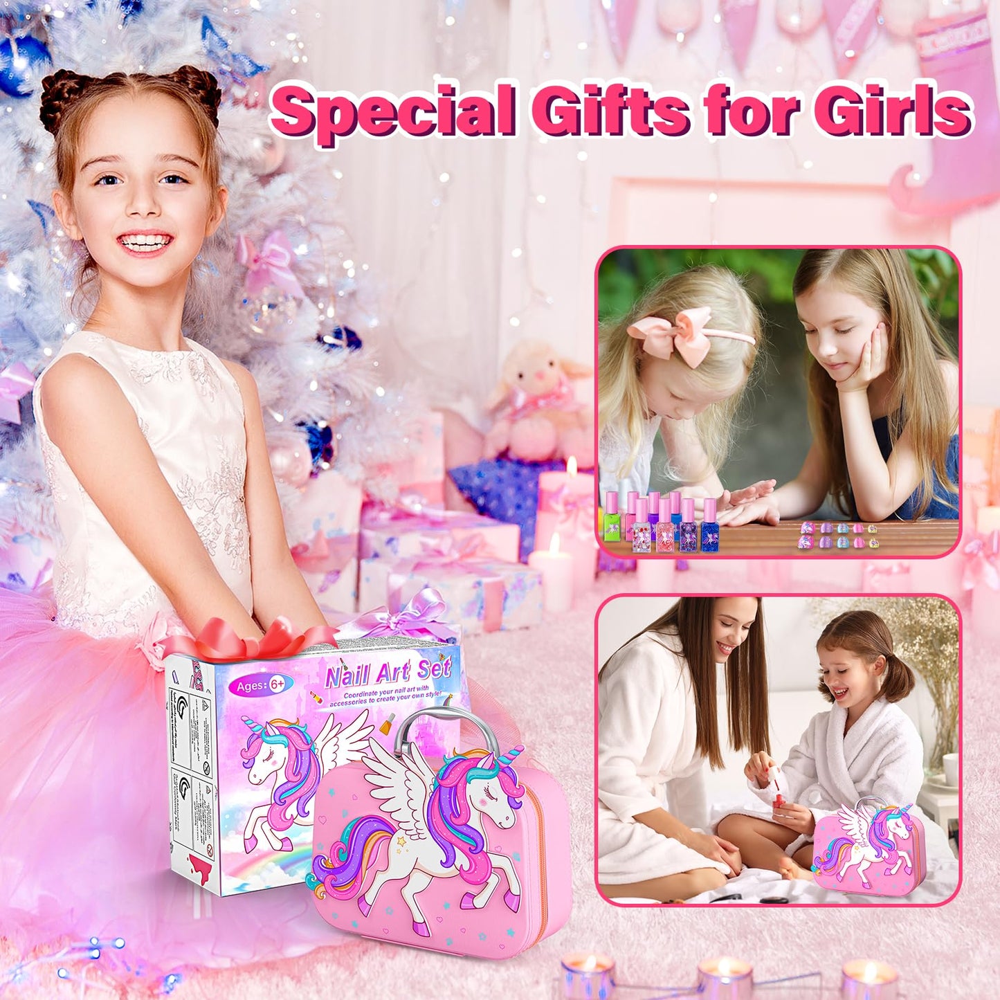 Glisiol Kids Nail Polish Set for Girls Toys, Washable Quick-Dry Toddler Nail Art Kit with Air Cooling Dryer and Cosmetic Case, Christmas or Birthday Gifts for Girls Ages 3 4 5 6 7 9 10 11 12-Pink