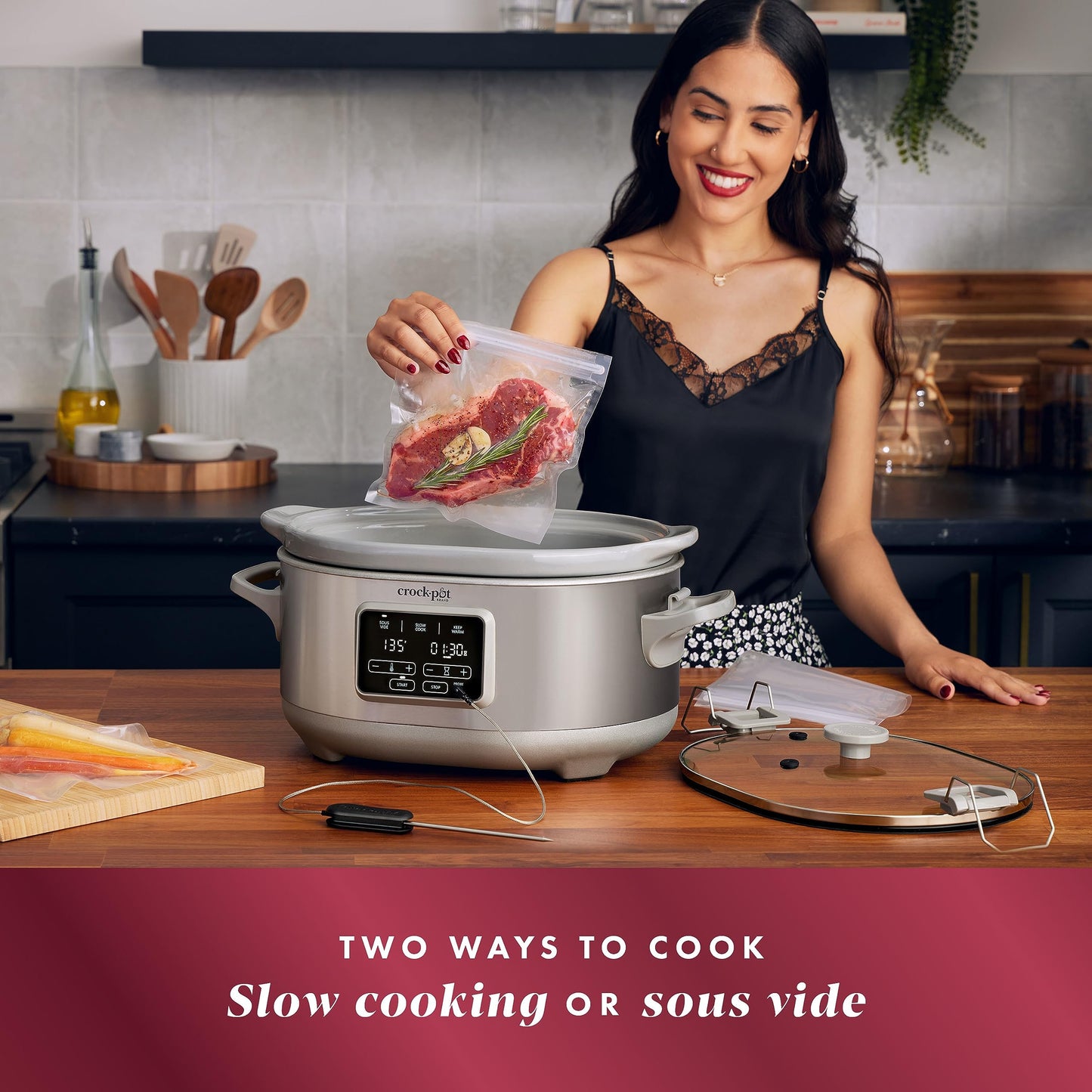 Crock-Pot 7-Quart Cook & Carry Slow Cooker with Sous Vide Function, Family-Sized Slow Cooker Warms up to 30 Hours, Modern Digital Display, Travel-Proof Locking Lid & Removable Temperature Probe