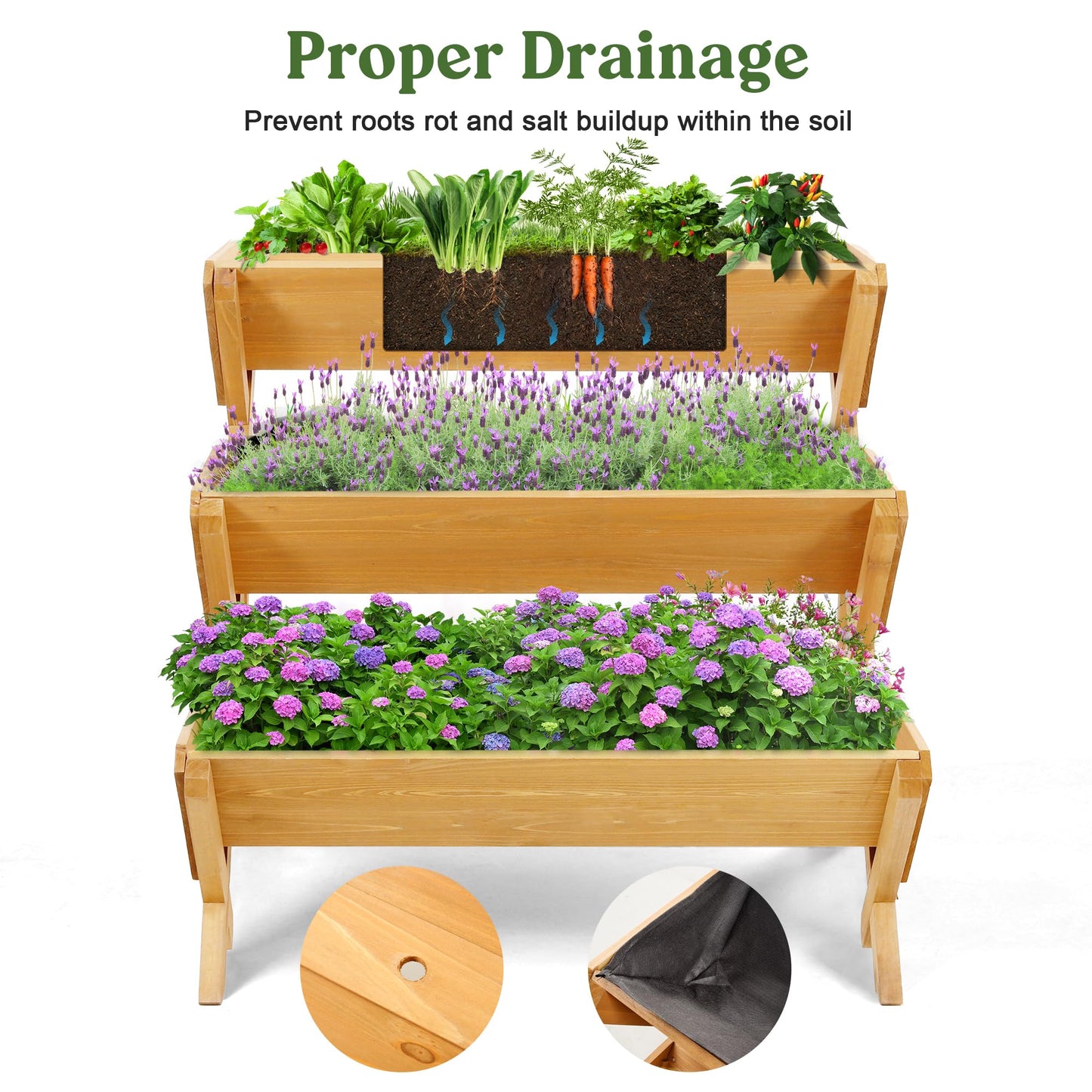 OIPRTGFJ 3 Tiers Wooden Vertical Raised Garden Bed with Legs,Brown Planter Raised Beds Kit for Flowers Herbs Vegetables, Natural… (Medium)