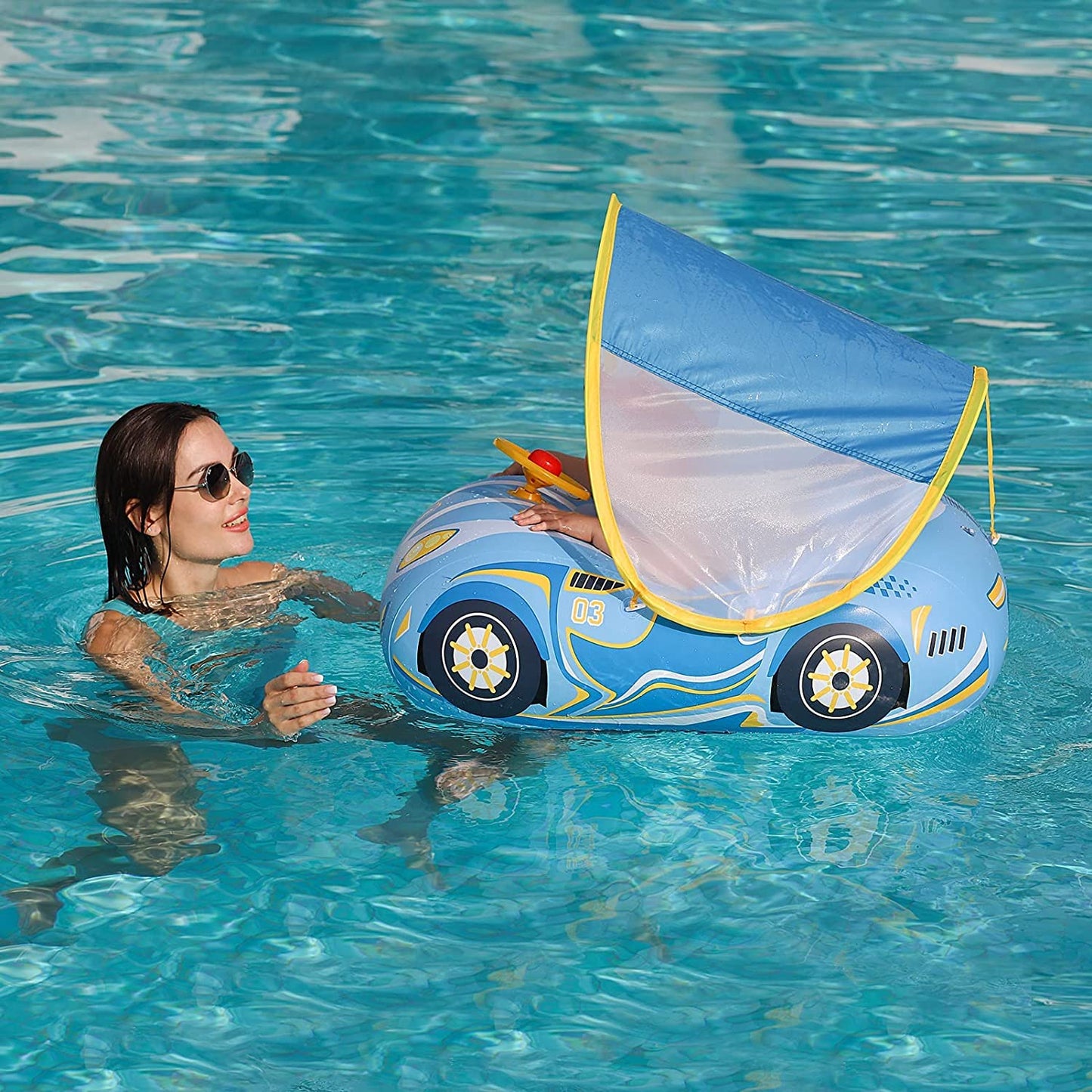 Baby Pool Float with Canopy, PVC Baby Swim Float with Sun Shade Cover, 3D Car Toddler Pool Float Swimming Floats Seat Boat for 12-18, 12-24 Months, Age 2-3, 3+ Years (Blue Canopy)