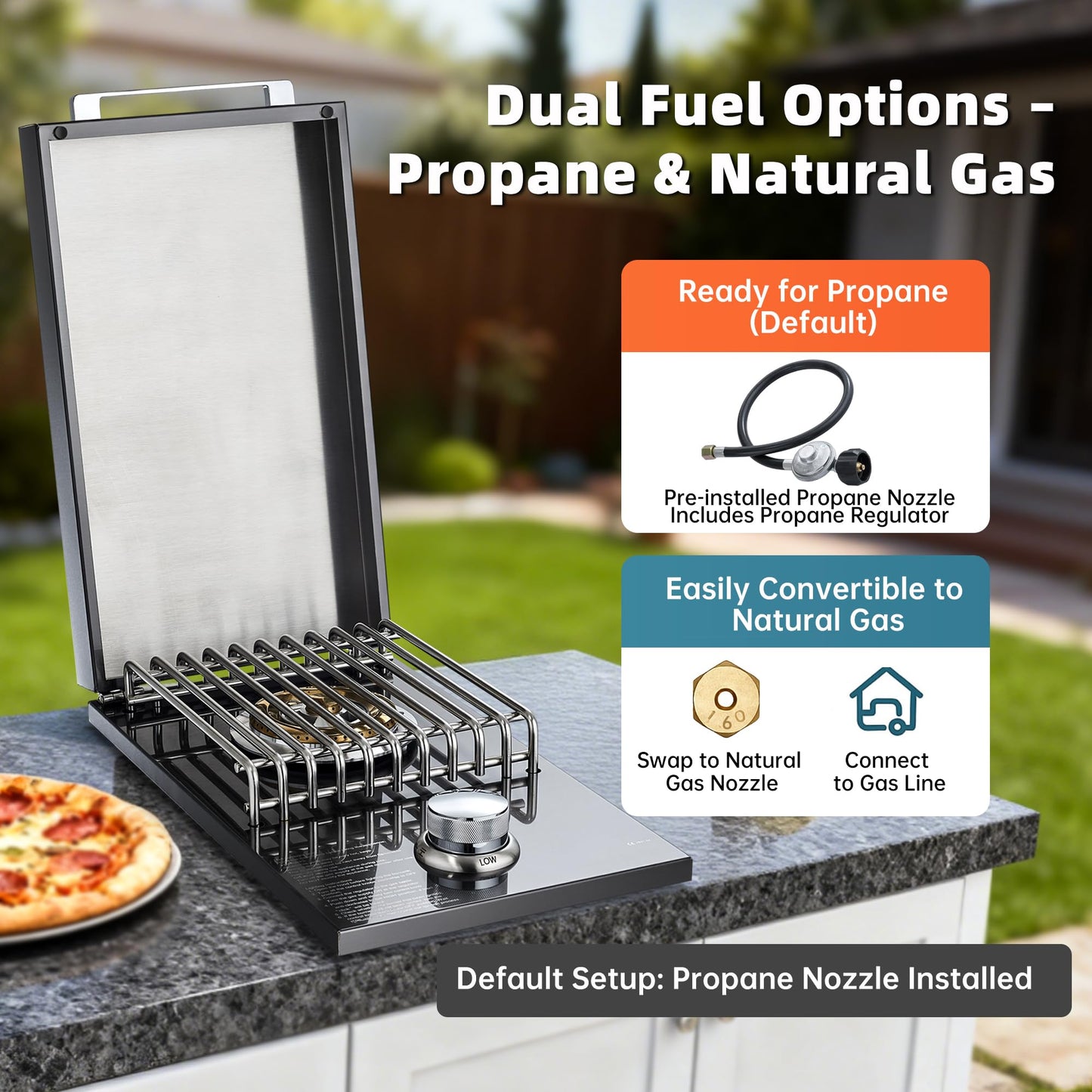 Built-in Single Side Grill Burner with Cover, Black 304 Stainless Steel Side Burner for Outdoor Kitchen, Propane & Natural Gas, Outdoor BBQ for Family Patio Parties