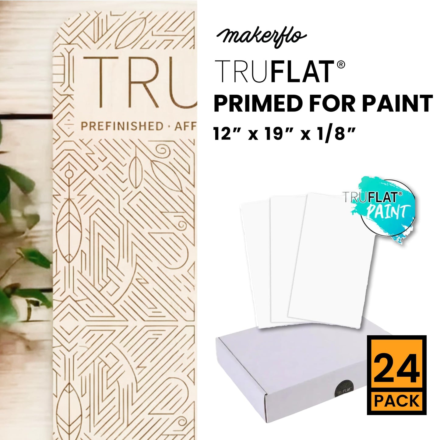 TruFlat Paint PrimedPre-Finished Plywood Sheets 12 x 19 x 1/8 Inch – MDF Core Wood Boards for Laser Cutting, Engraving, Painting and Sublimation – Smooth Double Sided Finish – Case of 24