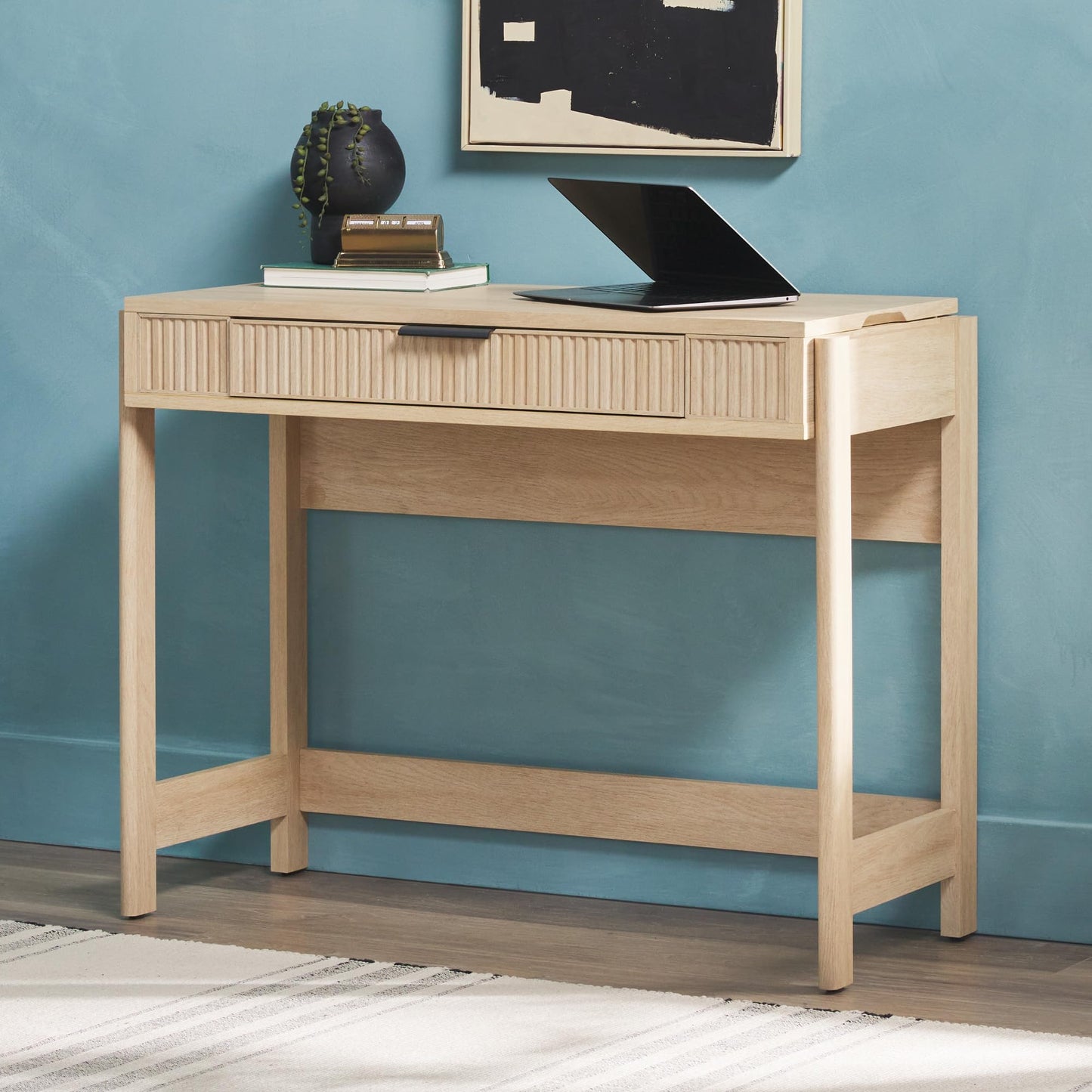 WALKER EDISON Transitional Style Furniture, Reeded Detail, Lift-Top Desk with Drawer and Storage Cubby, Sitting to Standing Desk, Soft Self-Close Desktop, 38”W x 16.75”D x 30”H, Coastal Oak