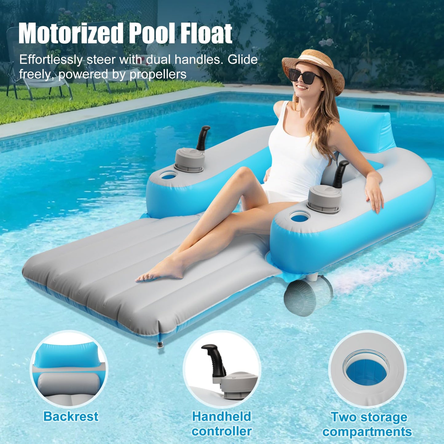 Motorized Pool Float for Adults - Rechargeable Dual Motors Heavy Duty Pool Lounger with 2 Storage Pockets, 250 lb Capacity, Electric Floating Raft for Lake/Pool
