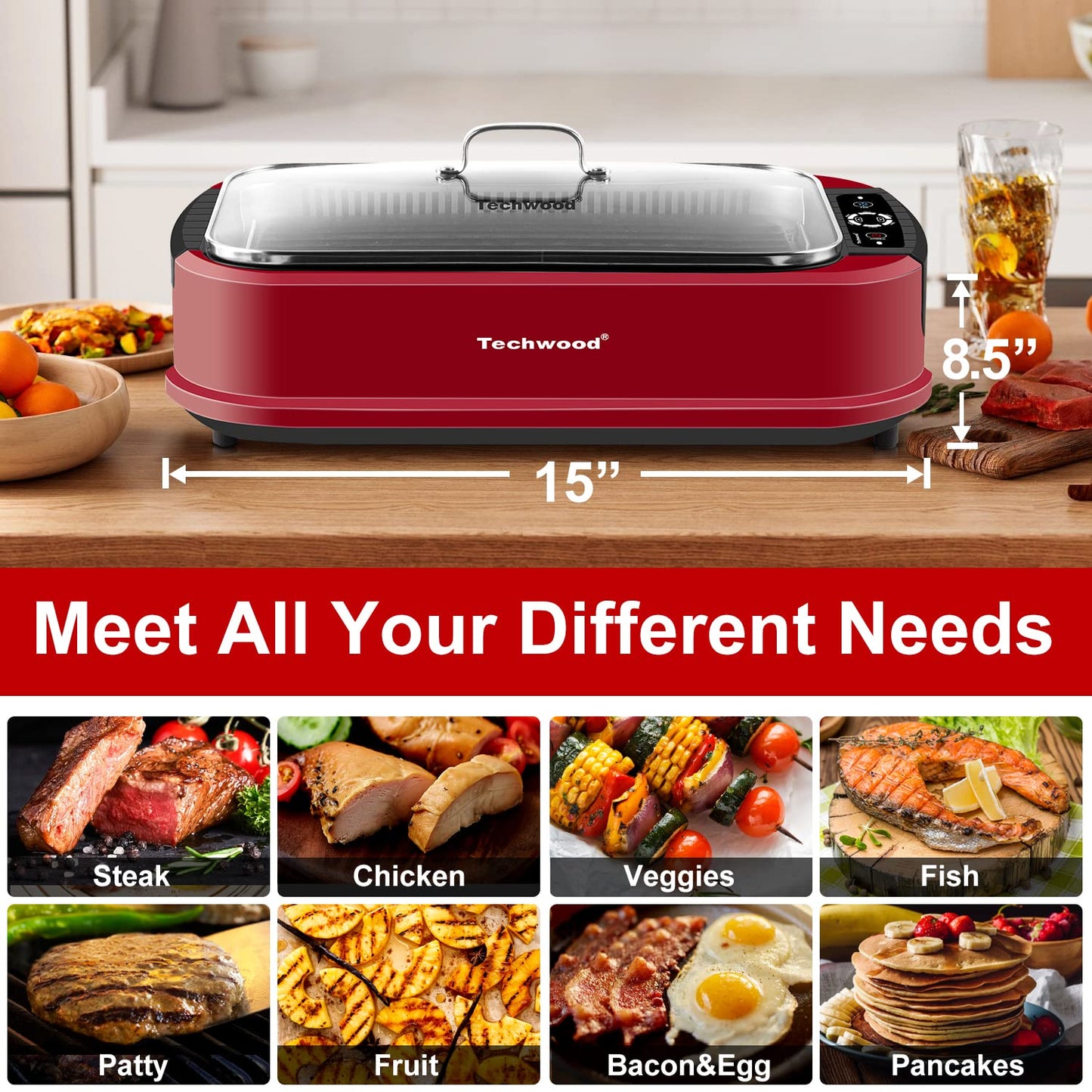 Indoor Smokeless Grill, Techwood 1500W Electric Indoor Grill with Tempered Glass Lid, Portable Non-stick Korean BBQ, Turbo Smoke Extractor Technology, Drip Tray& Double Removable Plate, Red