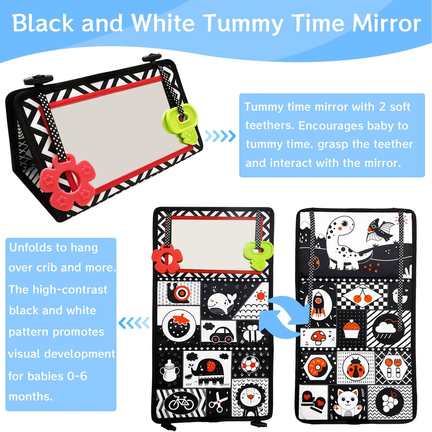 Autumety Tummy Time Mirror Newborn Toys: Black and White Infant Tummy Time Toys 0-3 0-6 6-12 Months Babies High Contrast Baby Toy with Book & Teethers Montessori Sensory Toy for Boy Girl Baby