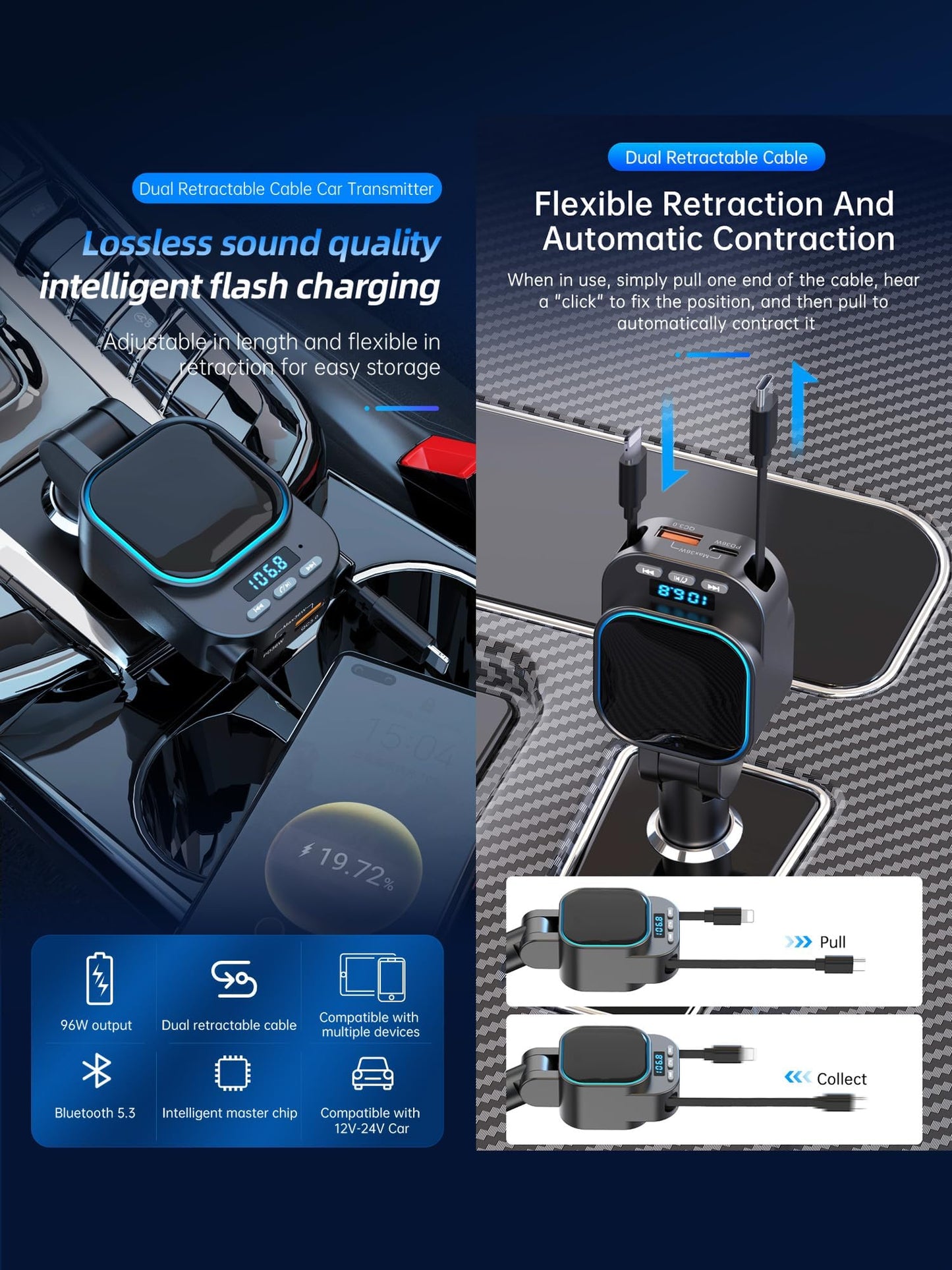 Retractable Car Charger 96W with Bluetooth Car Adapter, 4 in 1 Fast Charging, Radio Bluetooth 5.3 FM Transmitter, Handsfree Calling, USB C Phone car Charger Adapter for iPhone 16 15 14 13 12