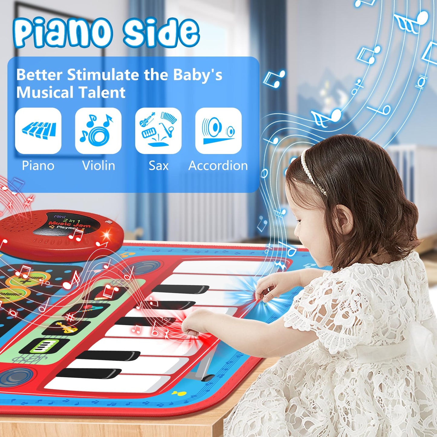 Oripira 2-in-1 Musical Mat Toys for 1 2 3 4 5 Year Old, Piano Keyboard & Drum Set with 2 Drum Sticks, Early Educational Musical Learning Toys Birthday for 1 2 3 4 5 Year Old Boys & Girls, Blue