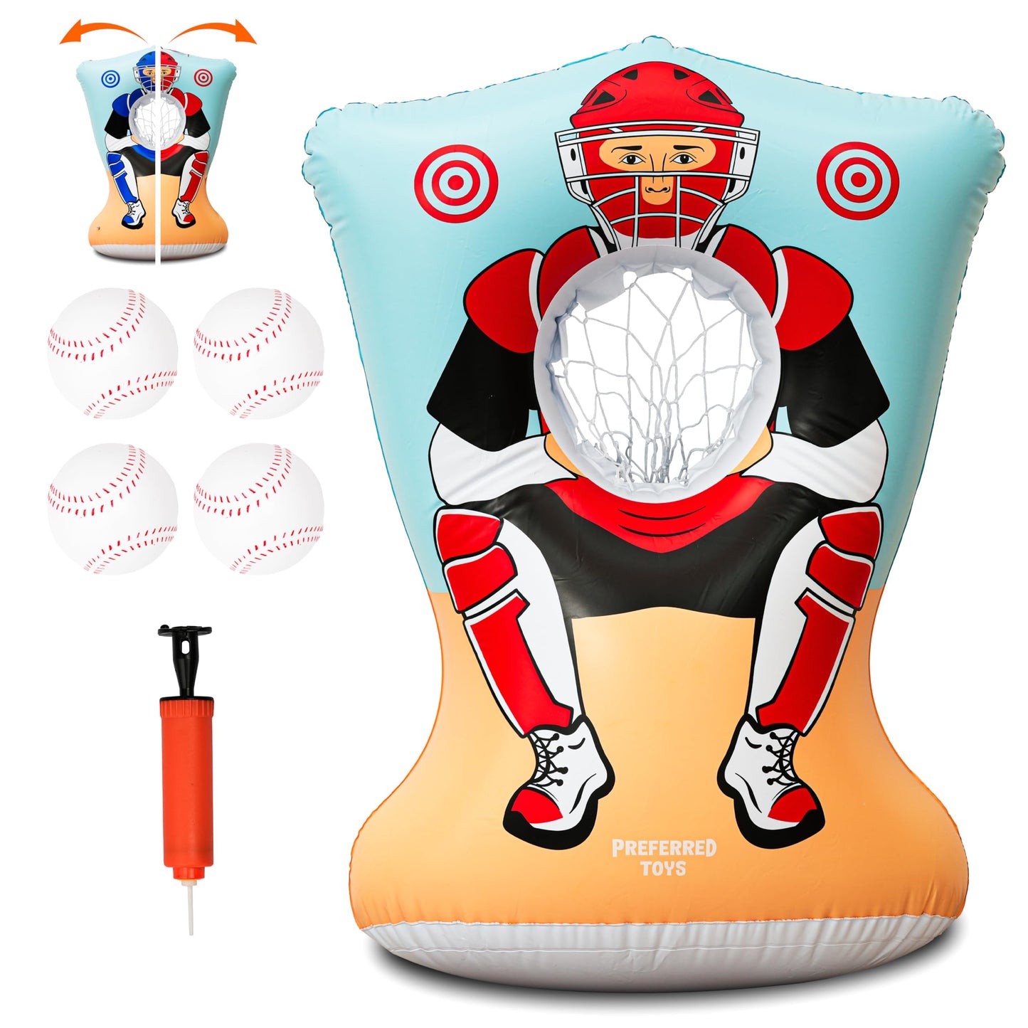 Preferred Toys Inflatable Baseball Pitching Target for Kids 3 and Above - Double-Sided Throwing Toss Game with 4 Soft Balls - Indoor Outdoor Baseball Toys Training Equipment - Red/Blue