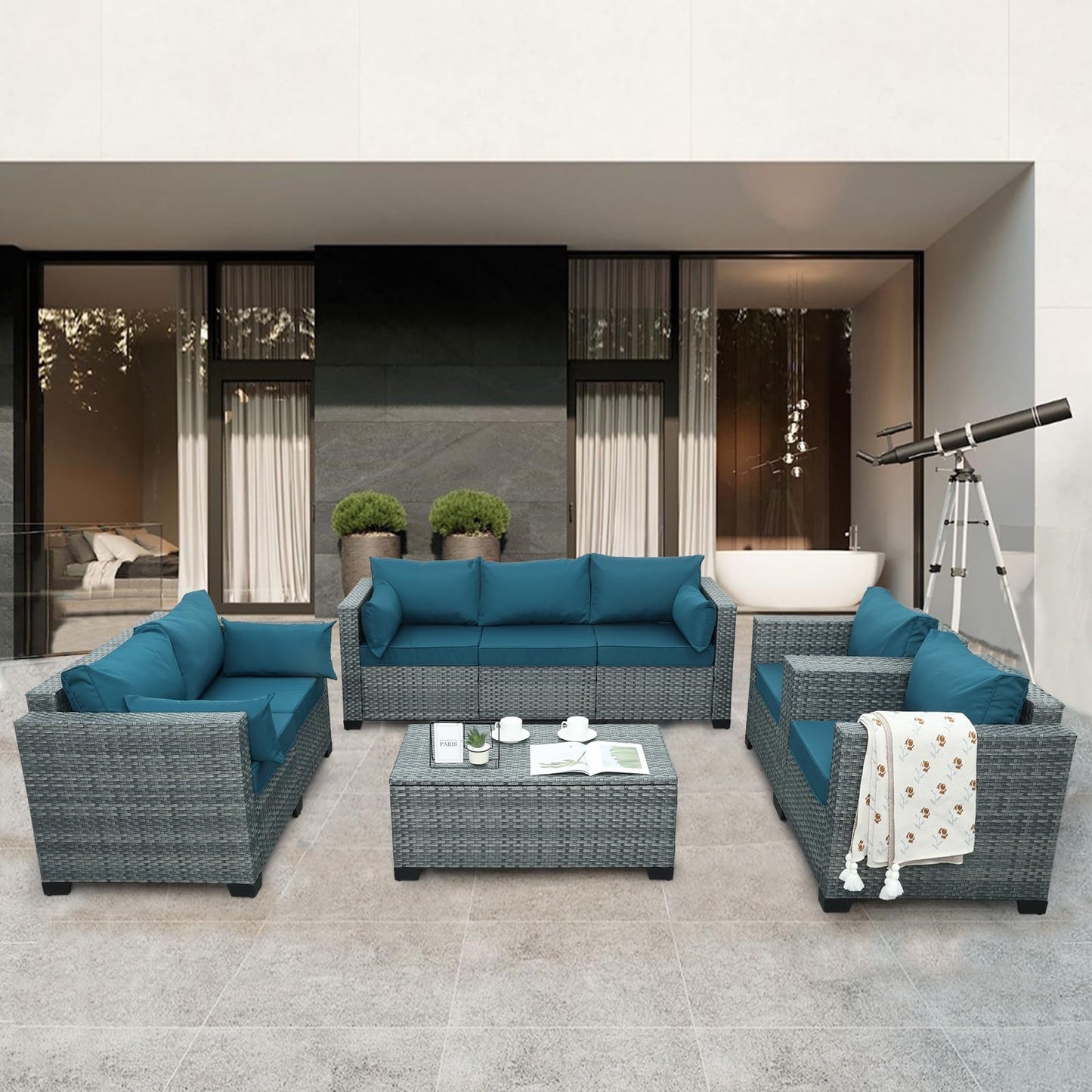 Lviden 5 Piece Wicker Patio Furniture Sets Outdoor Conversation Set, PE Rattan Sectional Sofa Couch with Storage Table and Non-Slip Peacock Blue Cushions, Furniture Covers Included