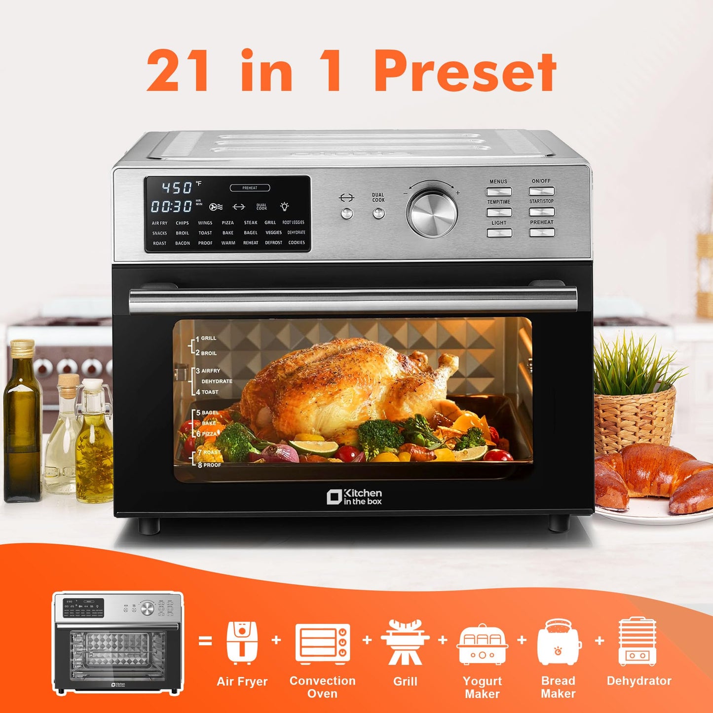 Kitchen in the box 32QT Extra Large Air Fryer Toaster Oven Combo, 21-in-1 Countertop Convection Toaster Oven with Rotisserie and Dehydrate, 6 Accessories, 1800W Dual Cook Preset (Silver)