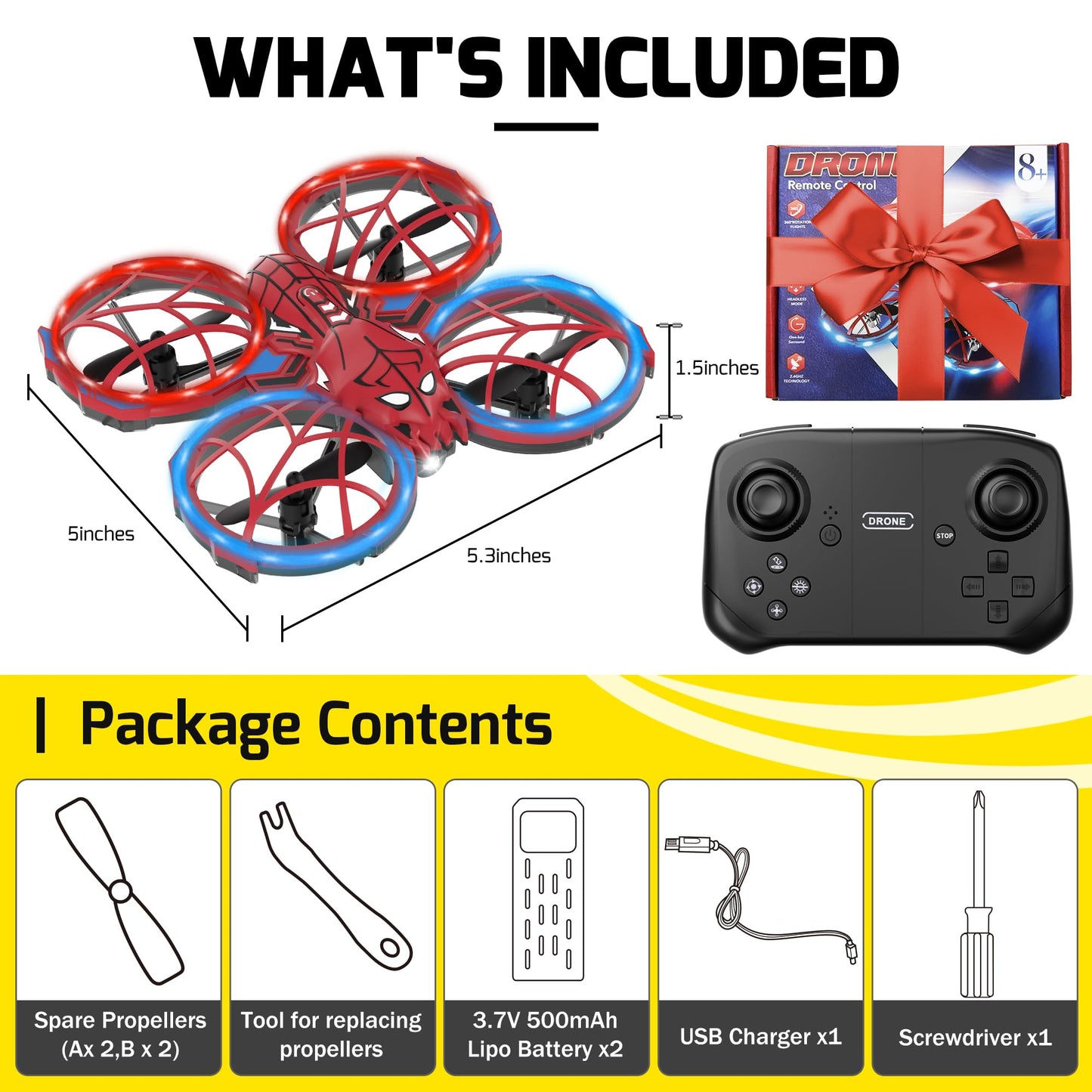 Spider Mini Drone for Kids with Altitude Hold and Headless Mode, 2 Batteries, Full Propeller Guards, 3 Lighting Effects, 360° Flips, 3 Speeds, Birthday Gifts Toys for Beginners Boys Girls