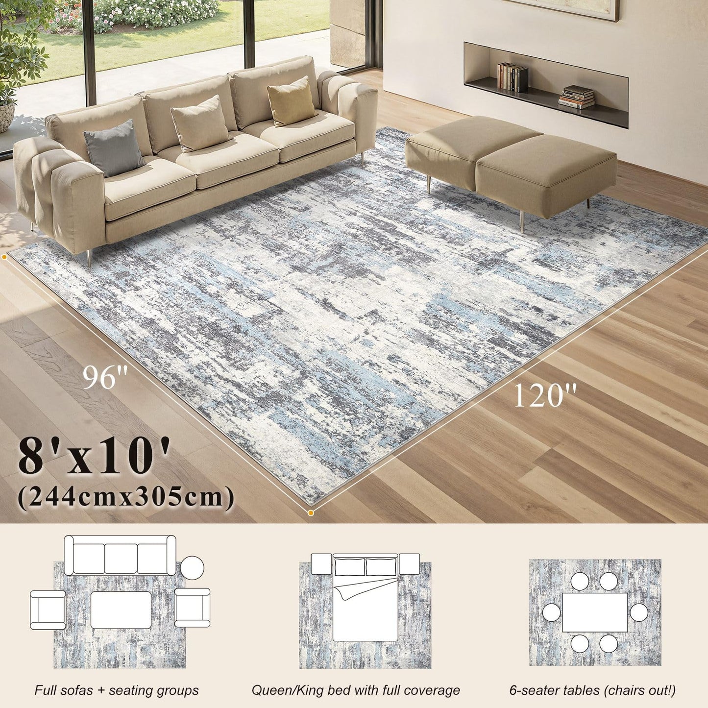 Area Rugs for Living Room: 8x10 Abstract Washable Rug Modern Neutral Large Soft Stain Resistant Non-Slip Backing Machine Table for Bedroom Dining Room Indoor Home Office Carpet - Blue Grey