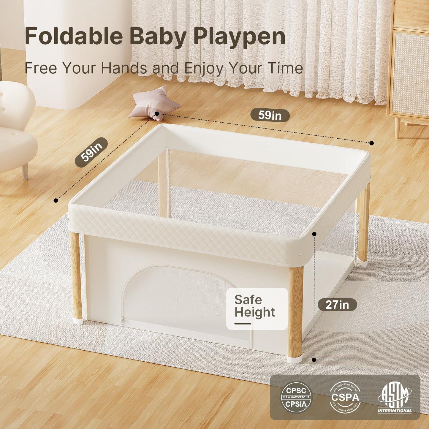 Cbcvvaer Foldable Baby Playpen, 59x59 Foldable Play Pen for Babies and Toddlers, Portable Playpen Indoor Outdoor, Kids Safety Area Travel Play Yard with Storage Bag White