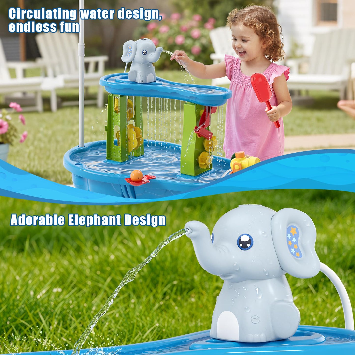 Wee Wonders Water Table Pump with Magnetic Sheet & Rechargeable, Elephant Water Pump Continuous Flow, Outdoor Sand and Water Table Toys Accessories for Toddlers, Summer Beach Toy Gifts for Kids 3-8