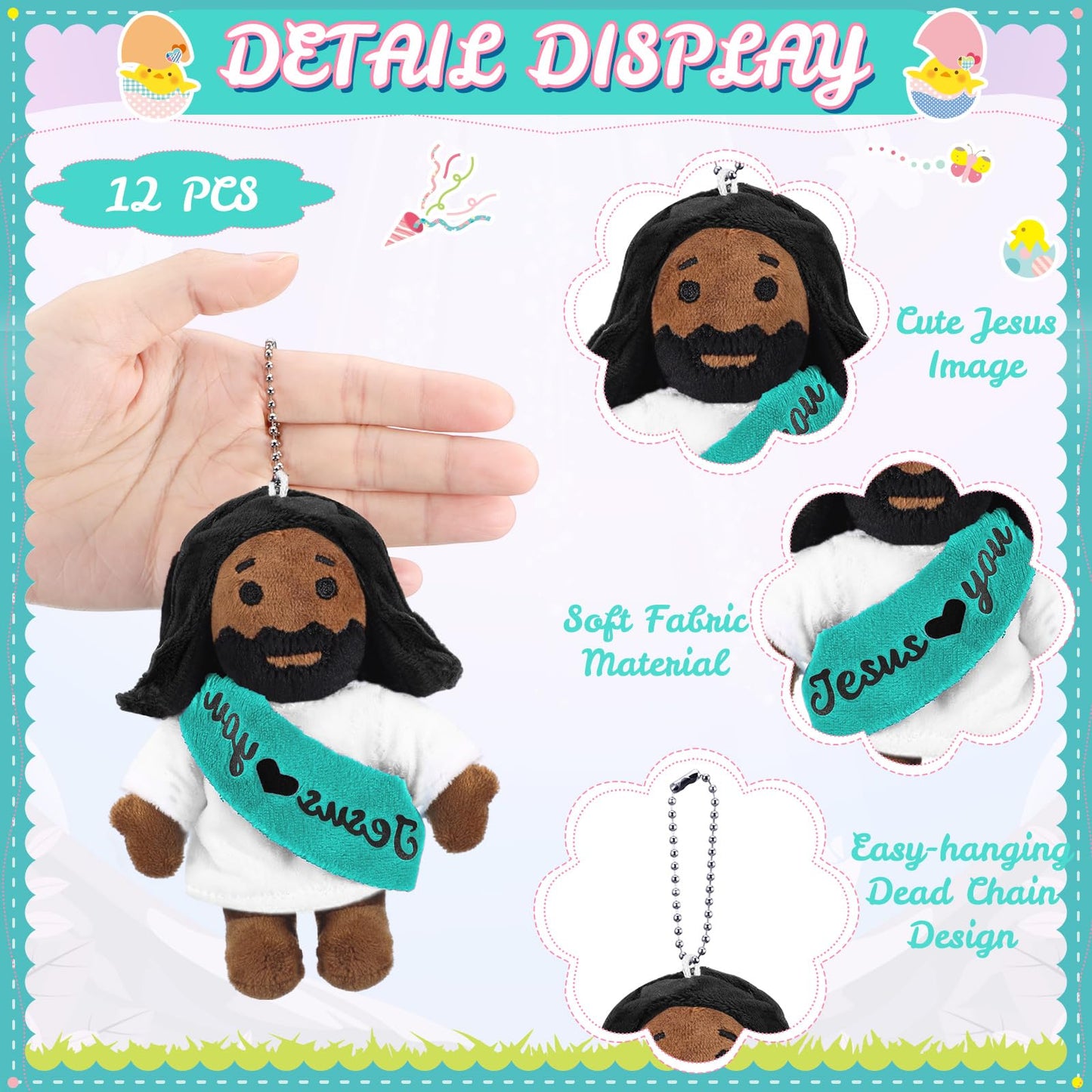 HyDren 12 Pcs Christian Jesus Stuffed Dolls Bulk 4" Loves You Jesus Plush Toy Religious Gifts for Church Members Sunday School Baptism Party Favors(Black Color)