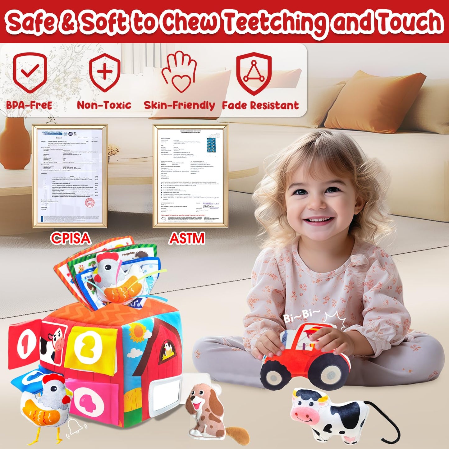 Baby Tissue Box Toys for 6-12 Months, 13PCS Surprise Barn Toy with Stuffed Farm Animals, Rattle, Soft Paper, Mirror, Montessori Educational Sensory Toys for Babies,Sensory Toys for Toddlers