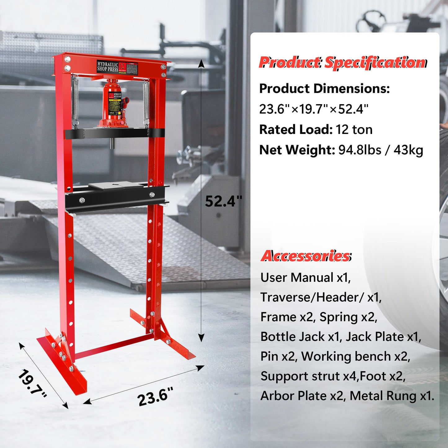 Hydraulic Shop Press,12 Ton H-Frame Garage Floor Adjustable Shop Bearing Press with Stamping Plates to Bend, Straighten, Or Press Parts, Install Bearings & U-Joints