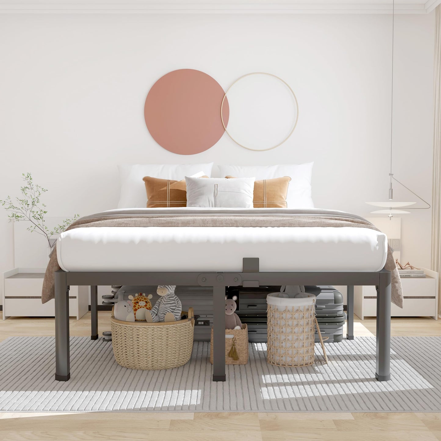 ROIL 14 inch King Size Bed Frame Metal Platform No Box Spring Needed with Headboard Hole Round Corner Legs Mattress Stoppers Retainers 3500LBS Heavy Duty Steel Slats Noise-Free