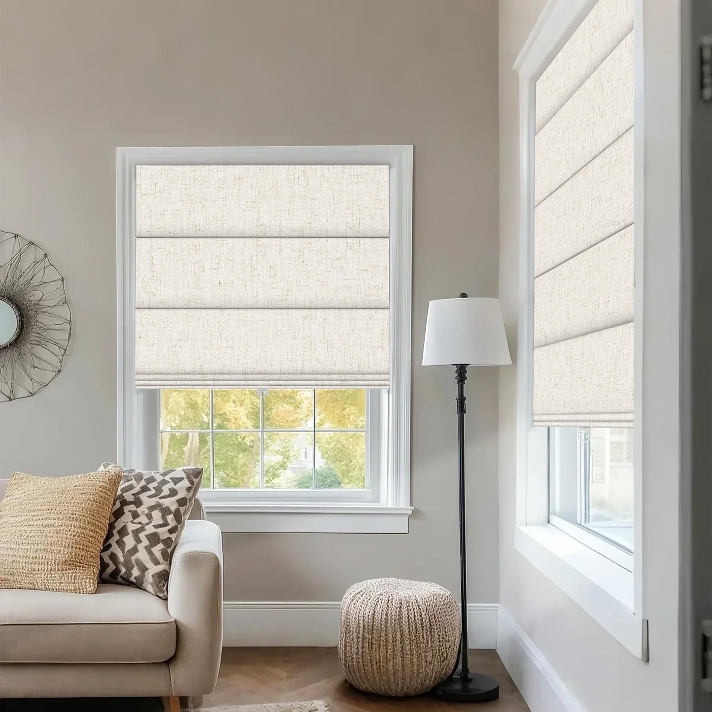 BERISSA No Drill Roman Shades for Windows Blackout, Cordless Linen Fabric Roman Blinds for Windows,Pull Down Room Darkening Window Shades for Home Office,Linen Beige,Custom Size