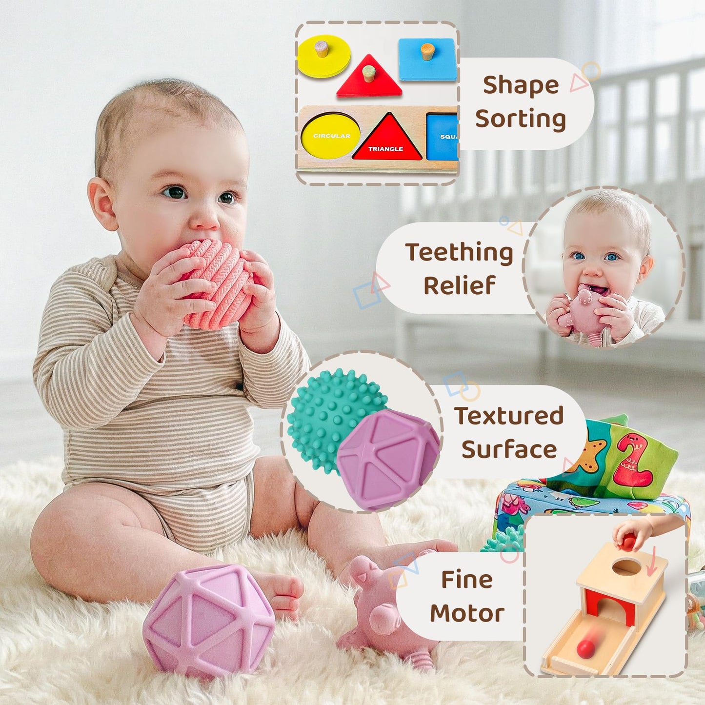 Montessori Toys for Babies 6-12 Months,1 Year Old,8 in 1 Baby Sensory Toy for 12-18 Months Toddler,Wooden Educational Development Toys with Soft Stacking Cup&Sensory Ball&Tissue Box