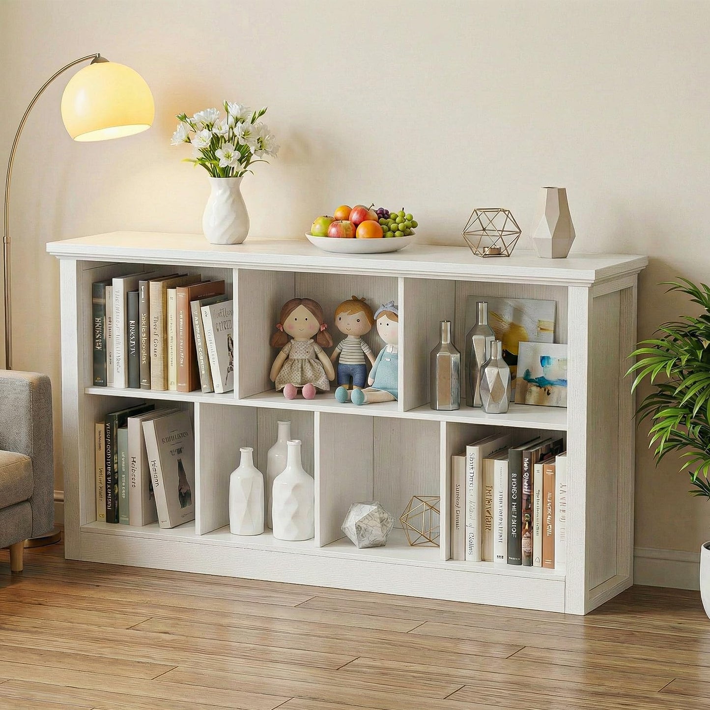Unikito 7 Cube Storage Book Shelf - 50" Wide Wood Cube Storage Organizer, Wooden 2 Tiers Floor Standing Low Bookcase for Living Room, Bedroom, Home Office, Kids Room