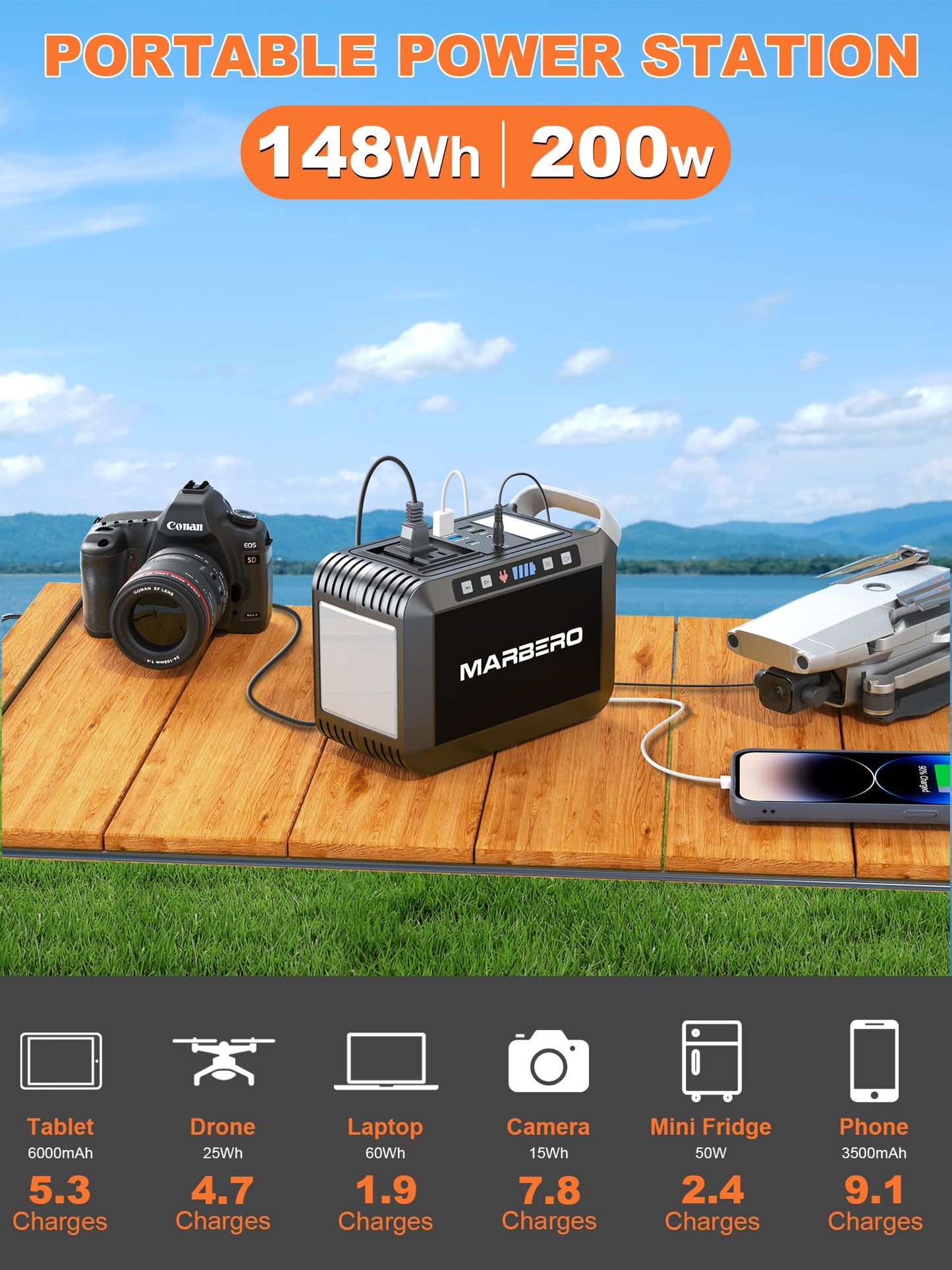 MARBERO 148Wh Portable Power Station Camping Portable Power Bank with AC Outlet 200W Generator 40000mAh Battery Pack Solar Power Station for Outdoor Camping Home Office Emergency