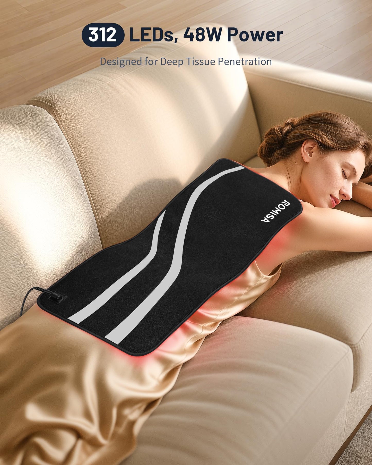 ROMISA 25” x 12.3” Large Red Light Therapy Pad for Body, Tri-Chip Grade 312 LEDs 48W, 10-90Min Timer with Controller, 660nm & 850nm Near Infrared Light Therapy Mat for Back Shoulder Joint Muscle