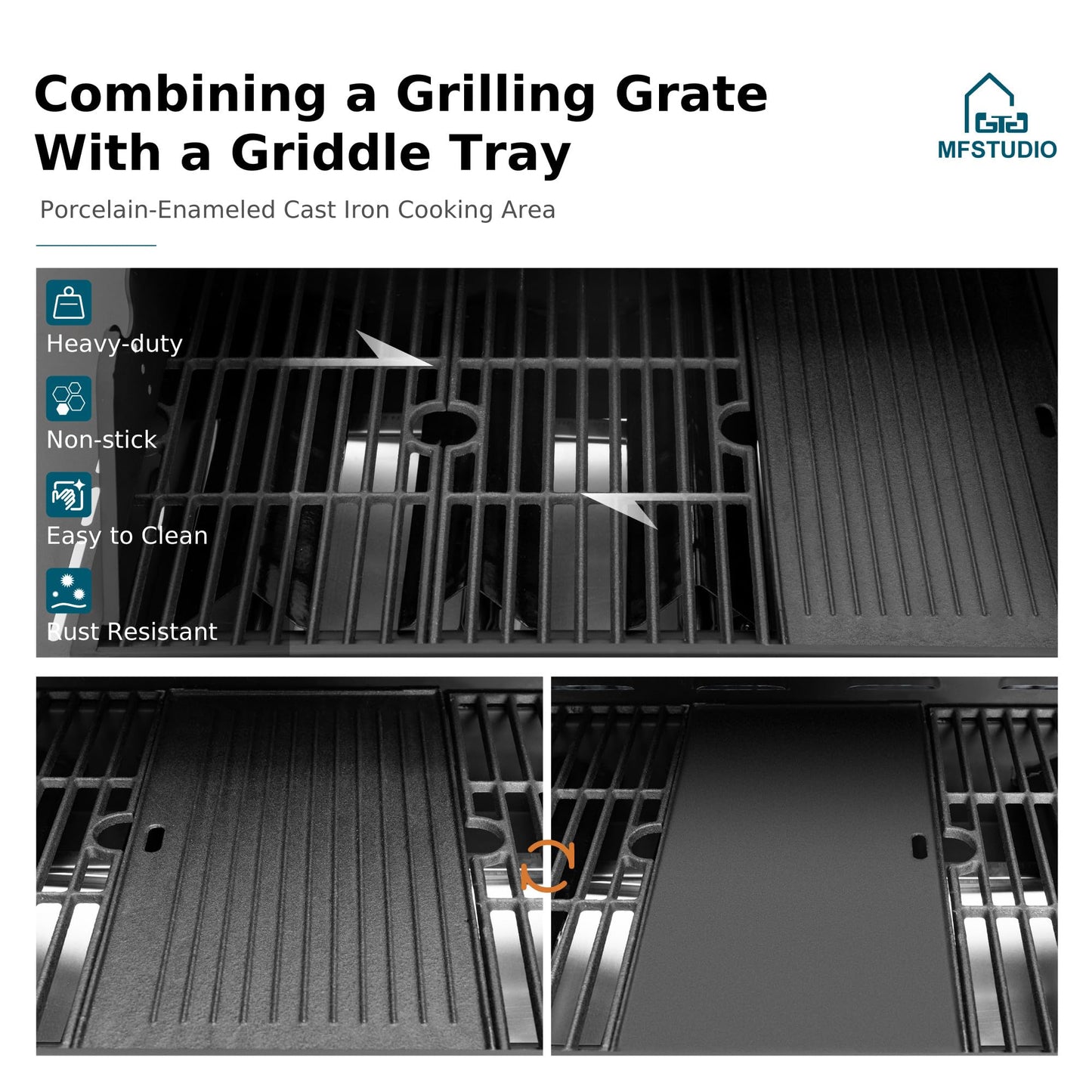 MFSTUDIO 4 Burners Propane Gas Grill and Griddle Combo with Side Burner, 2 in 1 Griddle Grill and Porcelain-Enameled Cast Iron Grates, 46,700 BTU Outdoor Cooking Barbecue Grill, Black