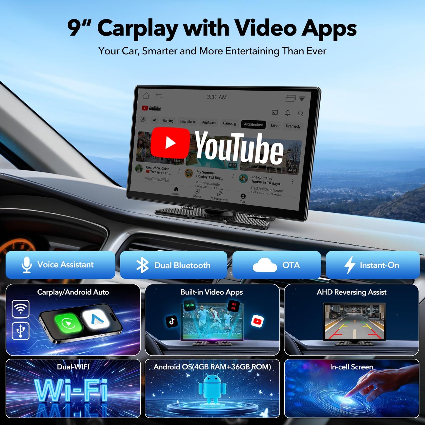 LAMTTO 9" Wireless CarPlay Screen with Net-Flix YouTube Apps Portable Car Play Screen for Apple Carplay and Android Auto with Backup Camera Navigation Bluetooth Voice Control AUX Siri