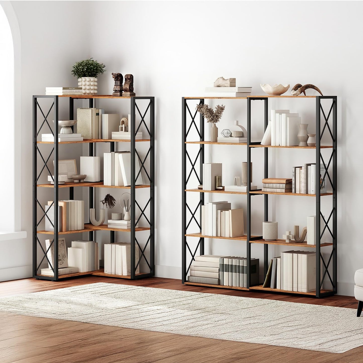 HOOBRO Corner Bookshelf, 5-Tier Industrial Corner Bookcase, Open Display Storage Rack, Vertical or L-Shaped, for Office, Living Room, Bedroom, Rustic Brown and Black BF66SJ01