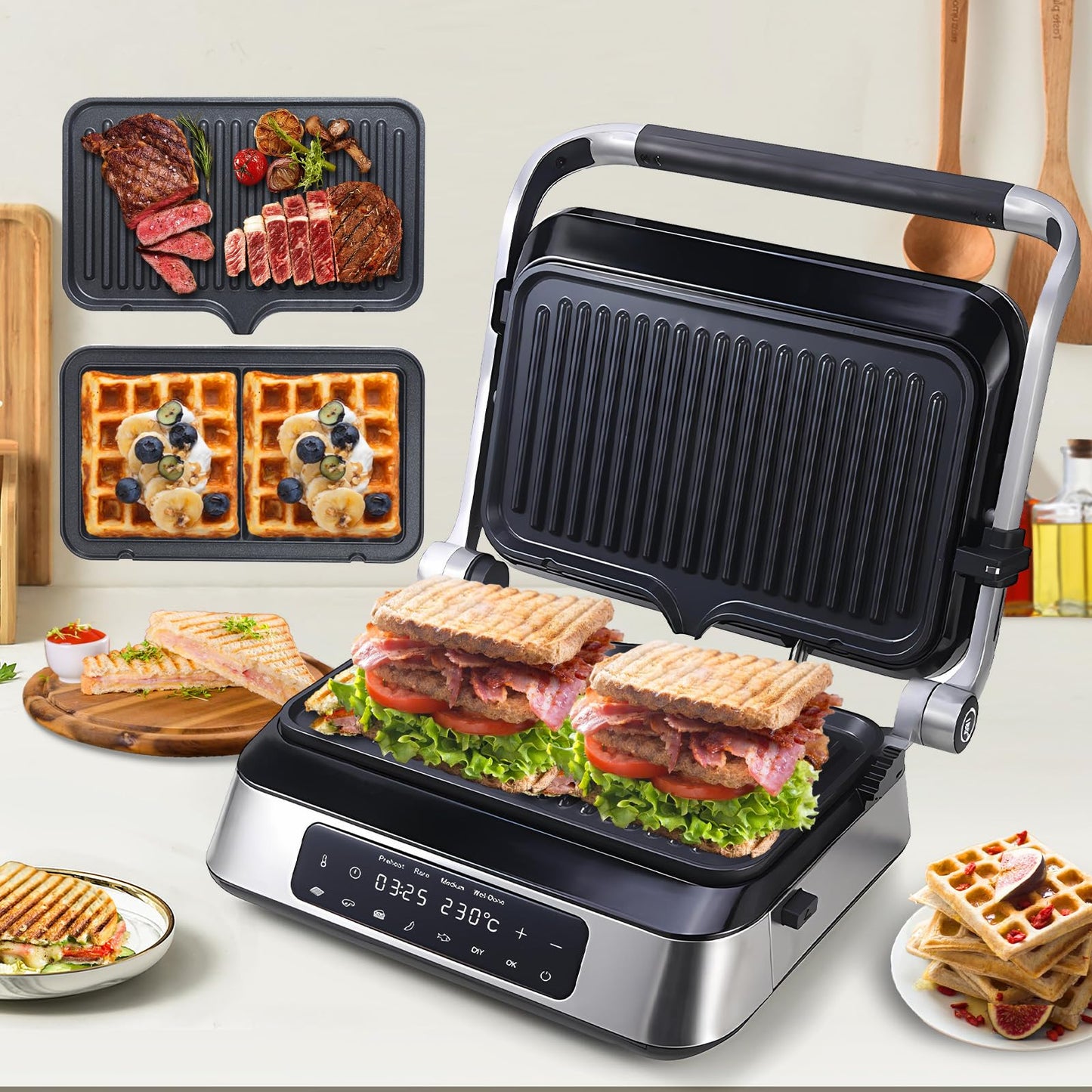 Panini Waffle Maker Combo | Panini Grill Press Sandwich Maker, Smokeless Indoor Grill, 1600W, 180° Open, Removable Plates, Stainless Steel, Ideal Kitchen Gift for Steak, Hamburger, Waffle