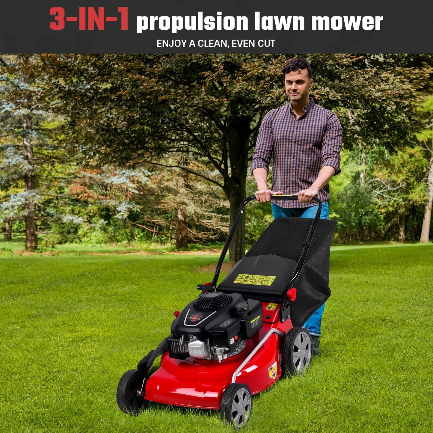 131cc Gas Lawn Mower, Self-Propelled Rear-Wheel Drive, 18 Inch Cutting Width, 50L Grass Bag, 3-in-1 Mulching/Side Discharge/Rear-Bagging, Lightweight Push-Button Start Mower for Thick Slopes Red