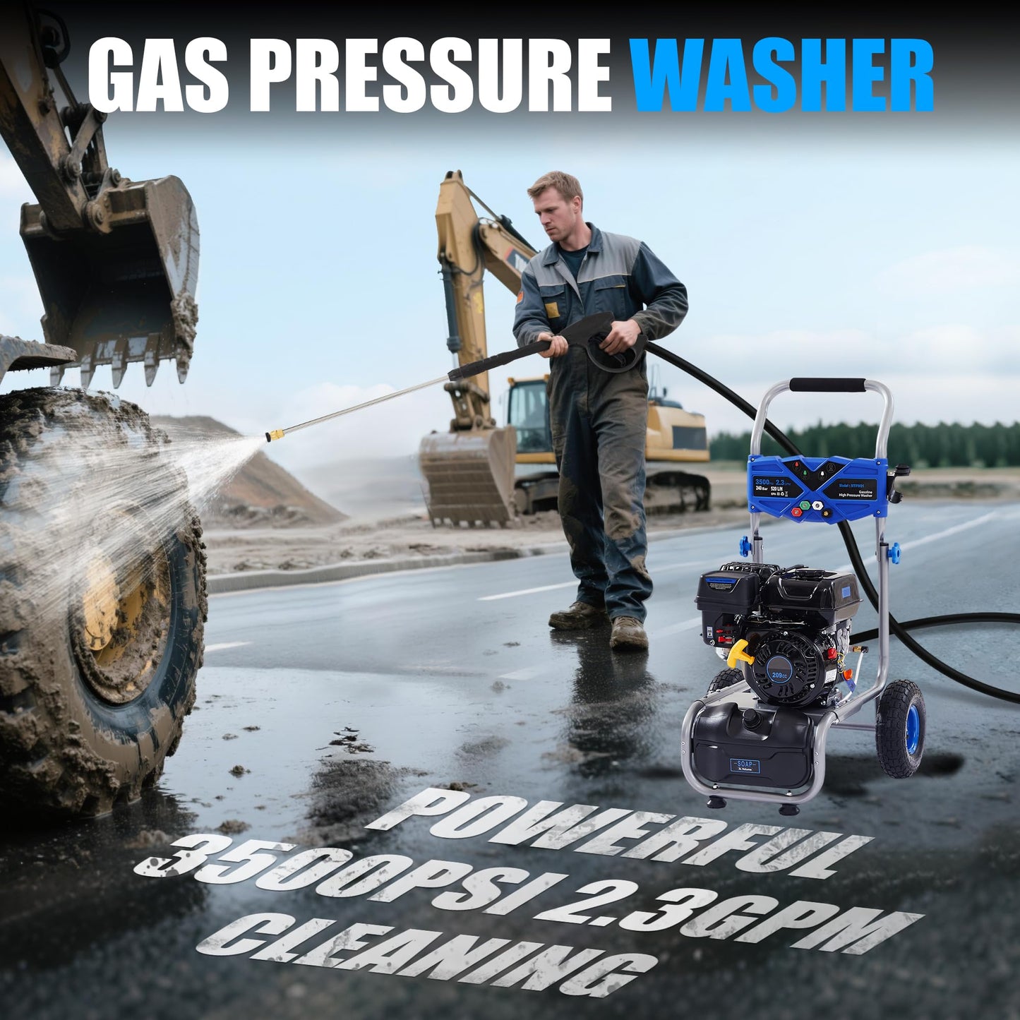 3500 PSI Gas Pressure Washer, 209CC Engine, 2.3 GPM, 4 Adjustable Nozzles, 25ft Hose for Cleaning Cars, Patios, Walls, and Gardens (Blue)