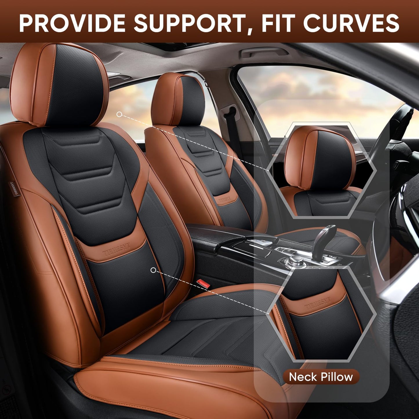 TIEHESYT Leather Car Seat Covers Full Set with Lumbar Support, Waterproof Car Seat Cover, Universal Seat Covers for Cars, Trucks, SUVs, Sedans, Airbag Compatible, Front Pair and Rear, Brown&Black