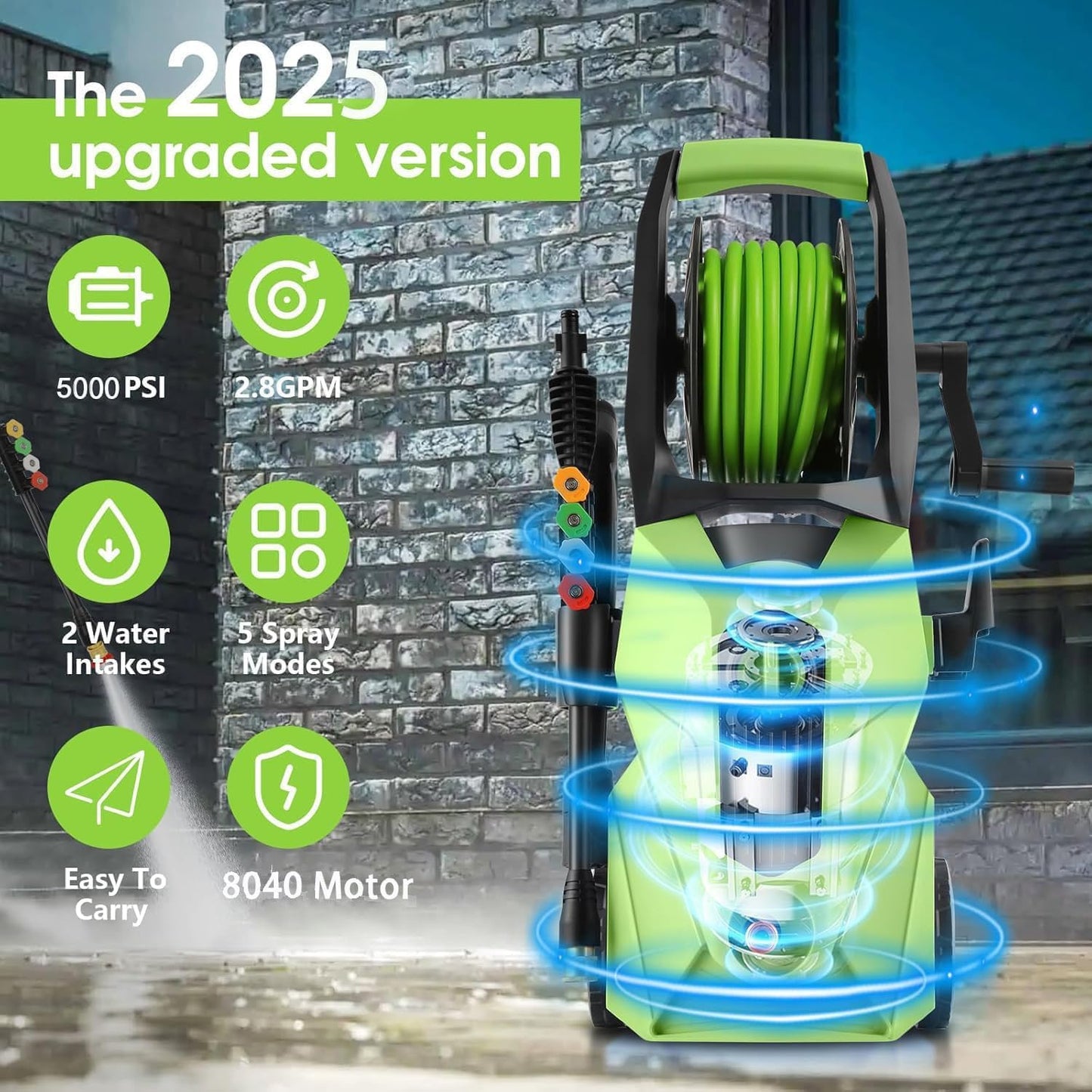 Imdot Pressure Washer 5000 PSI,2.8 GPM Power Washer with Foam Cannon,Portable Cleaner with 33ft Hose Reel,4 Nozzle Tips,and Soap Bottle for Cars/Home/Driveways/Patios/Decks/Fences(Dark Green)