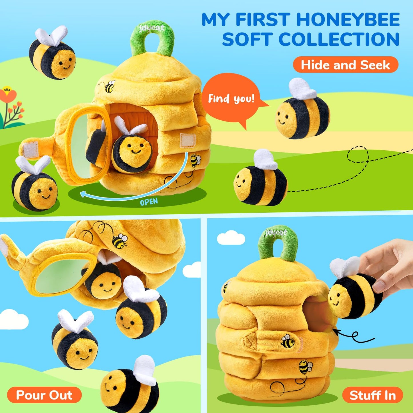JOYCAT Ice Cream Toys, Color Recognition Stacking Play Set with 7 Matching Cones & Scoops, Pretend Play Food for Kids +Soft Baby Beehive with 5 Sensory Bees