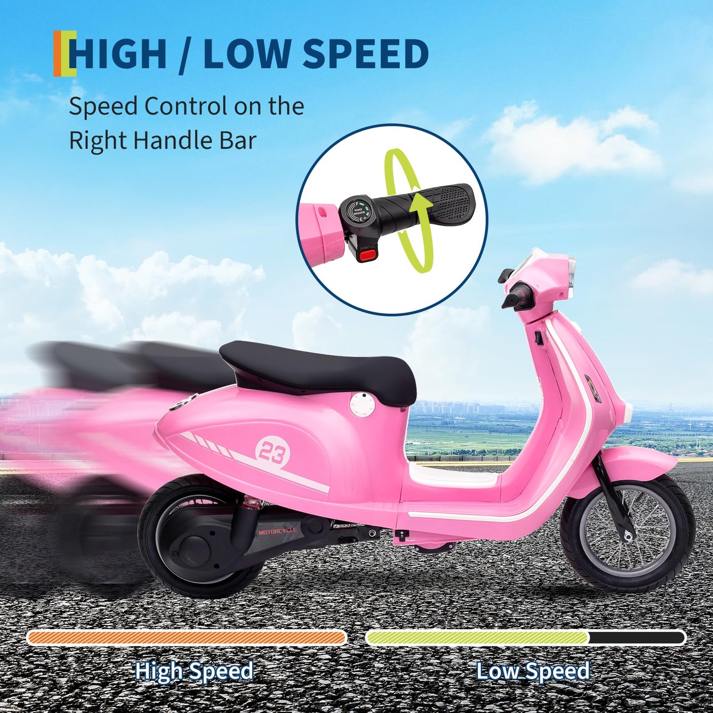 24V Moped Scooter for Kids - Electric Motorcycle for Kids - Electric Scooter with Seat for Children - Ride on Toy with LED Light for Girls
