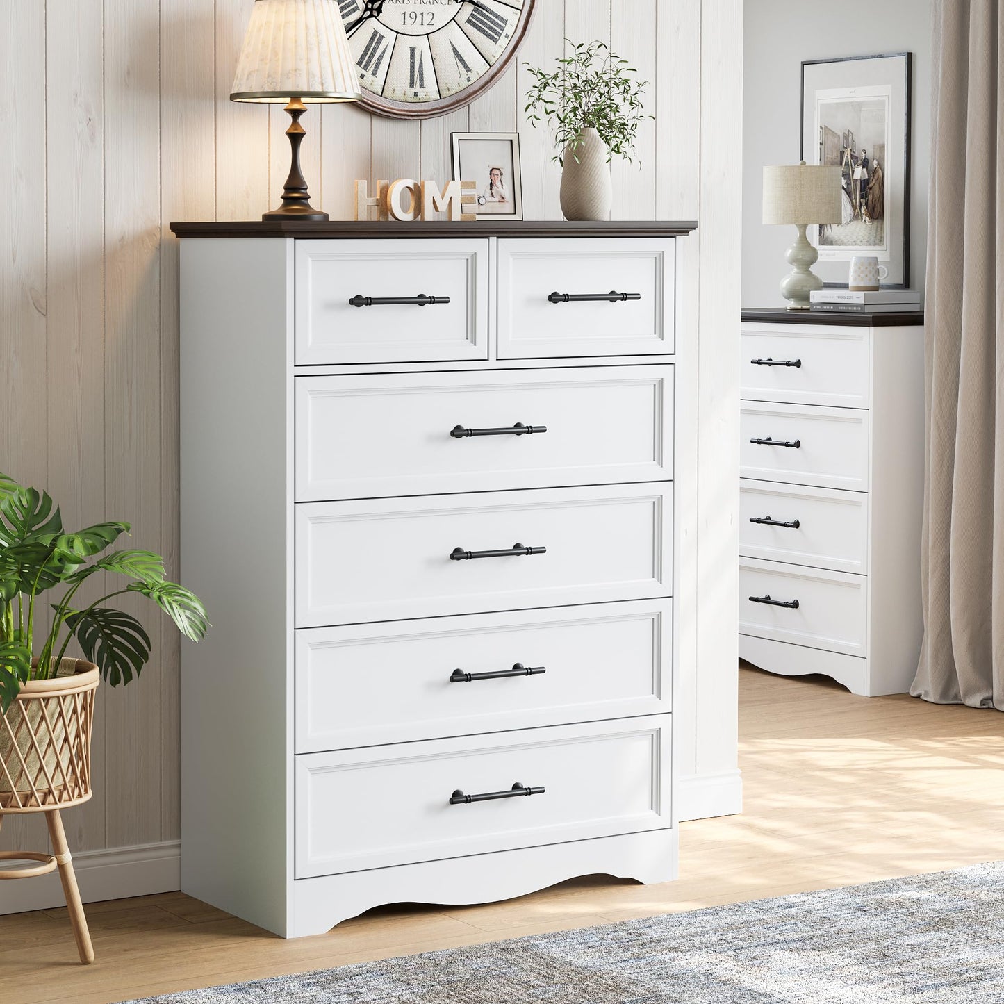 YANSNWO White Dresser for Bedroom, Farmhouse 6 Chest of Drawers, Modern 44" Tall Chest of Drawers with Brushed Metal Handle, Wood Closet Organizers and Storage Cabinet for Bedroom, Living Room