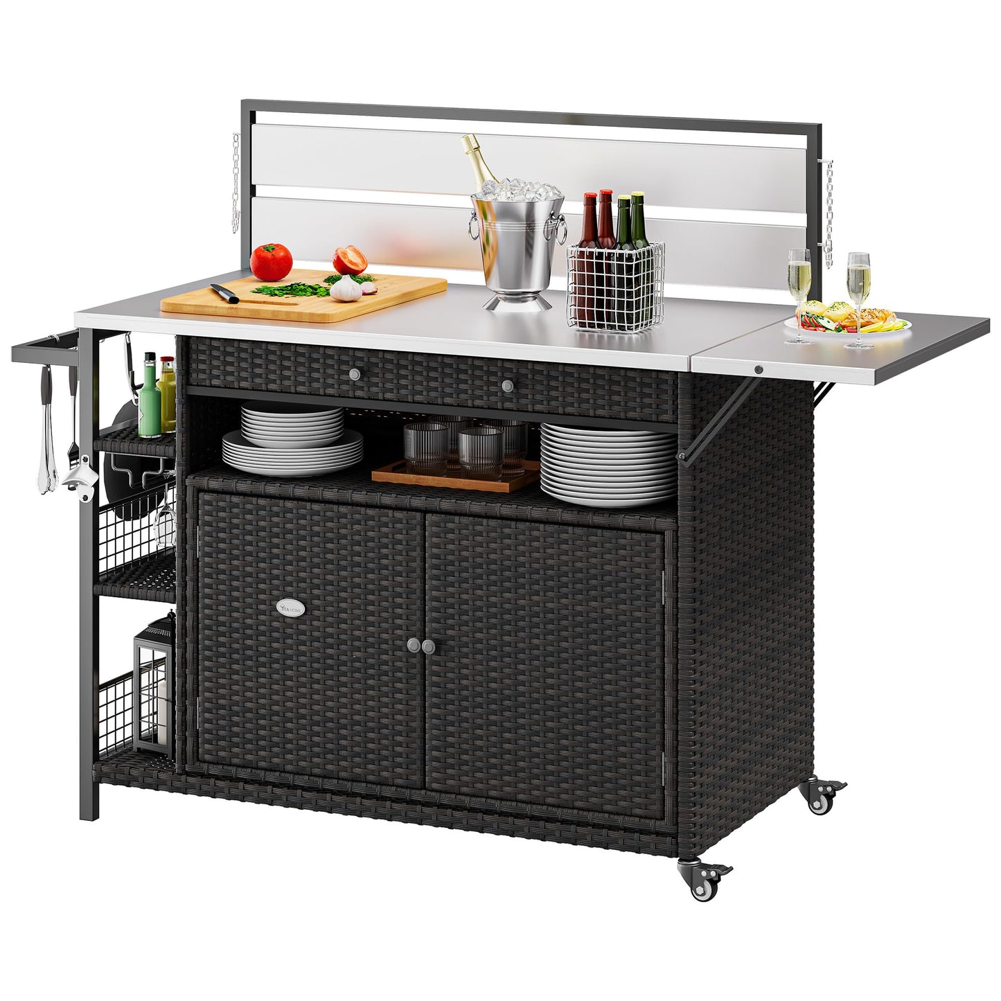 YITAHOME XL Outdoor Kitchen Island, Outdoor Bar Table & Storage Cabinet, Wheels and Stainless Steel Extended Table Top, Side Handle for Patio Kitchen or Bar Cart, Dark Brown
