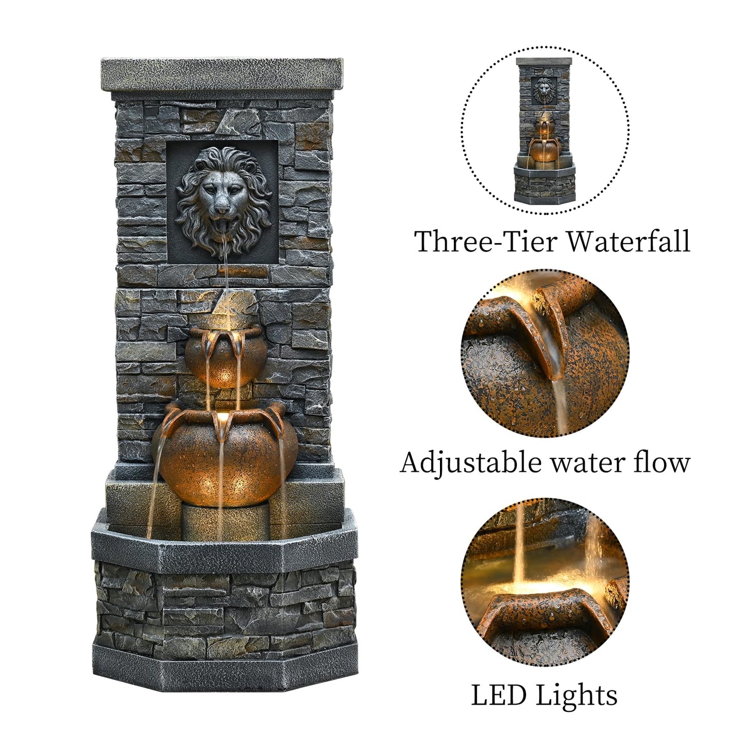 42'' Outdoor Garden Floor-Standing Water Fountain Lion Head Stone with Lights Outdoor Waterfall for Patio, Backyard, Deck, Porch and Home Art Decor