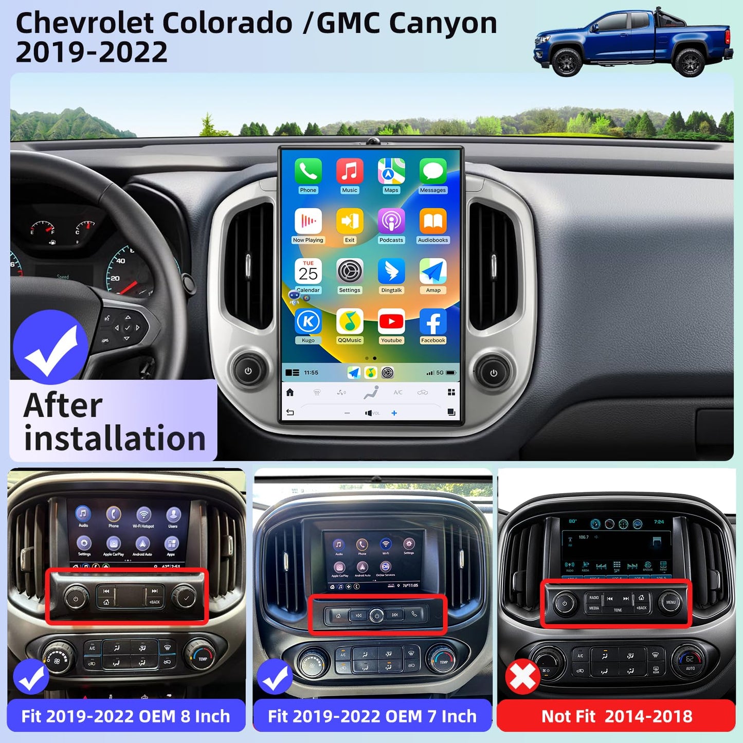 Qualcomm Car Radio for Chevrolet Colorado GMC Canyon 2019-2022 Stereo Replacement Head Unit 14.4 Inch IPS 2K Touch Screen Tesla Style Carplay Android Auto Navigation