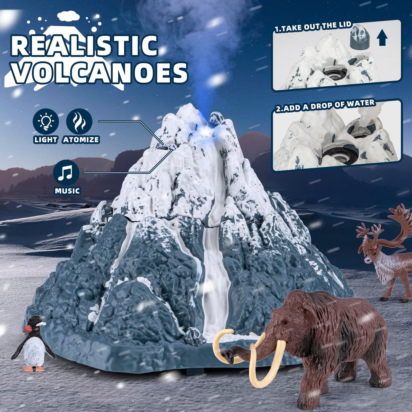 Prehistoric Animal Toys Set for Kids 3-5 Years, Safari Animals Figurines and Snowy Volcano Toy with Large Play Mat, Mammoth, Lion, Gorilla
